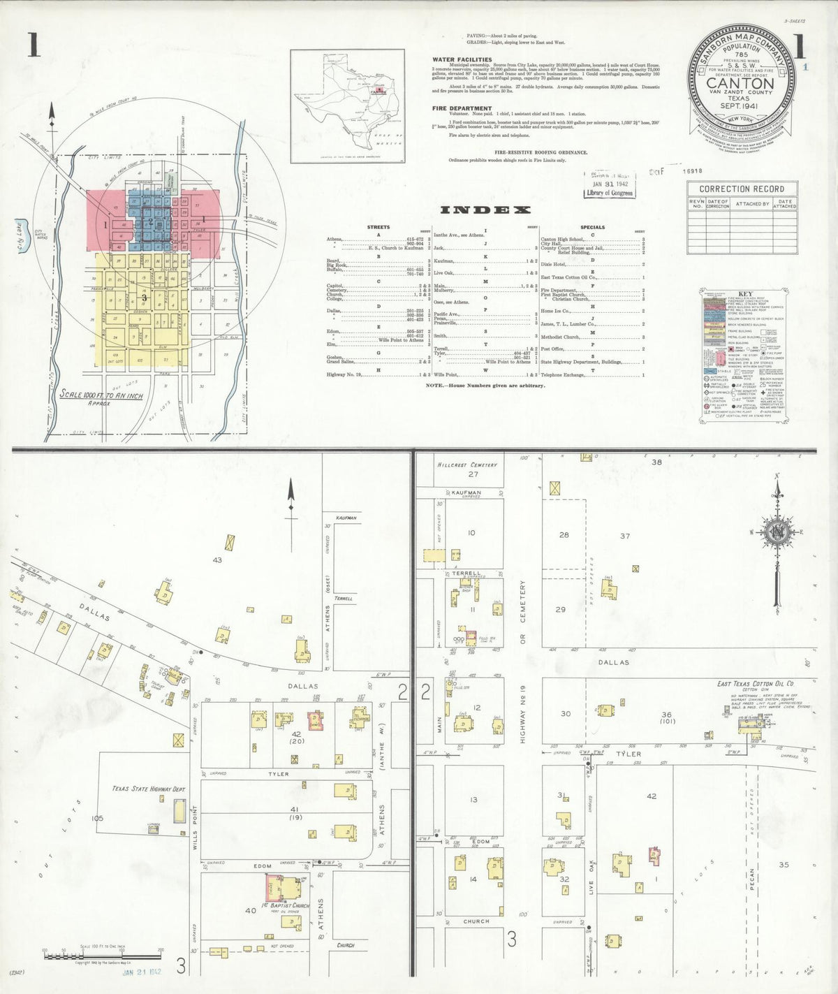 Sanborn Fire Insurance Map from Canton, Van Zandt County, Texas (1941), Sheet #0001 - Complete Map Set gallery image, historic Sanborn map, vintage wall art, Texas Texas