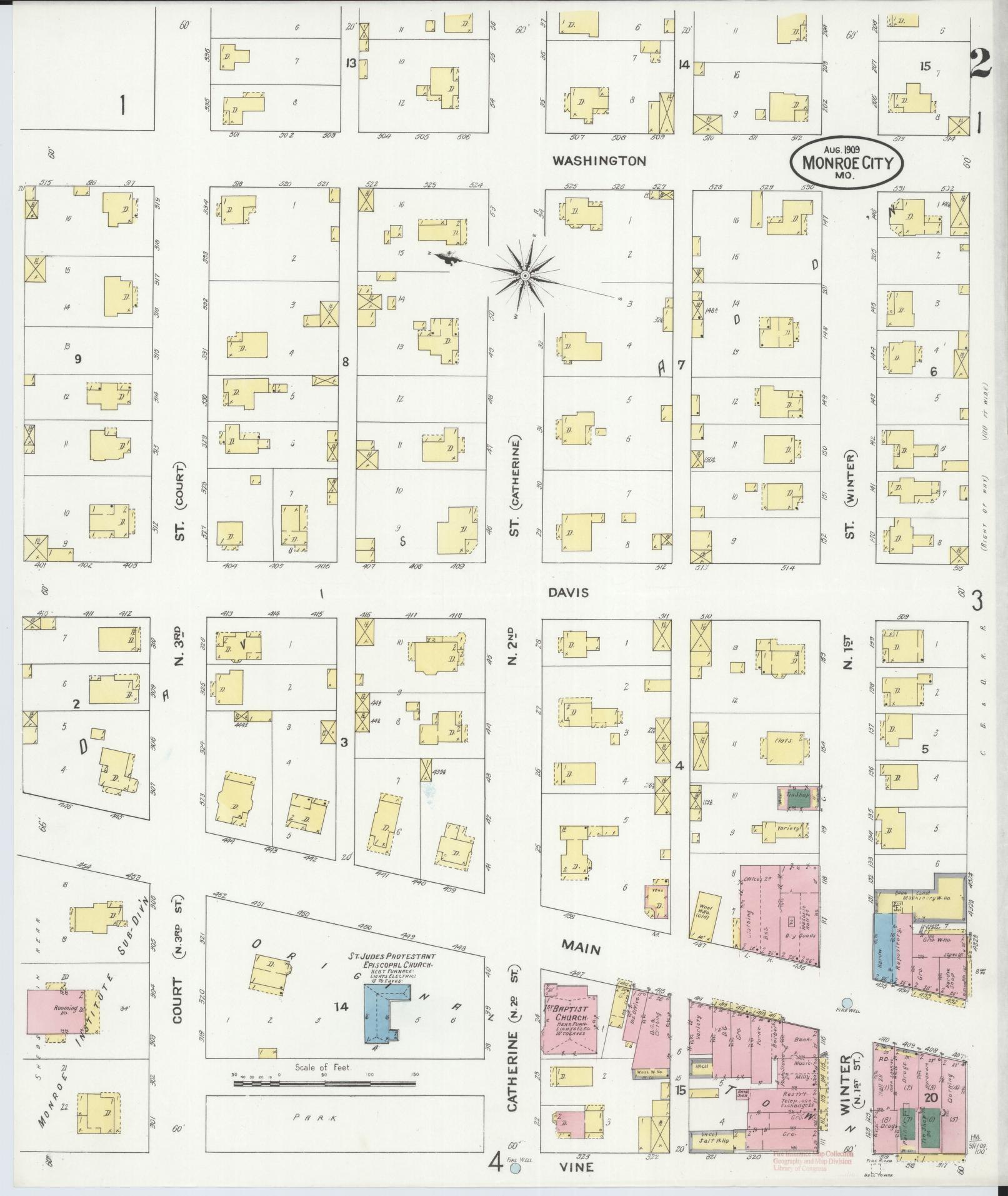 Sanborn Fire Insurance Map from Monroe City, Monroe County, Missouri (1909), Sheet #0002 - Historic Sanborn Fire Insurance Map Print, vintage old map wall art, antique decor, genealogy gift, Missouri Missouri map