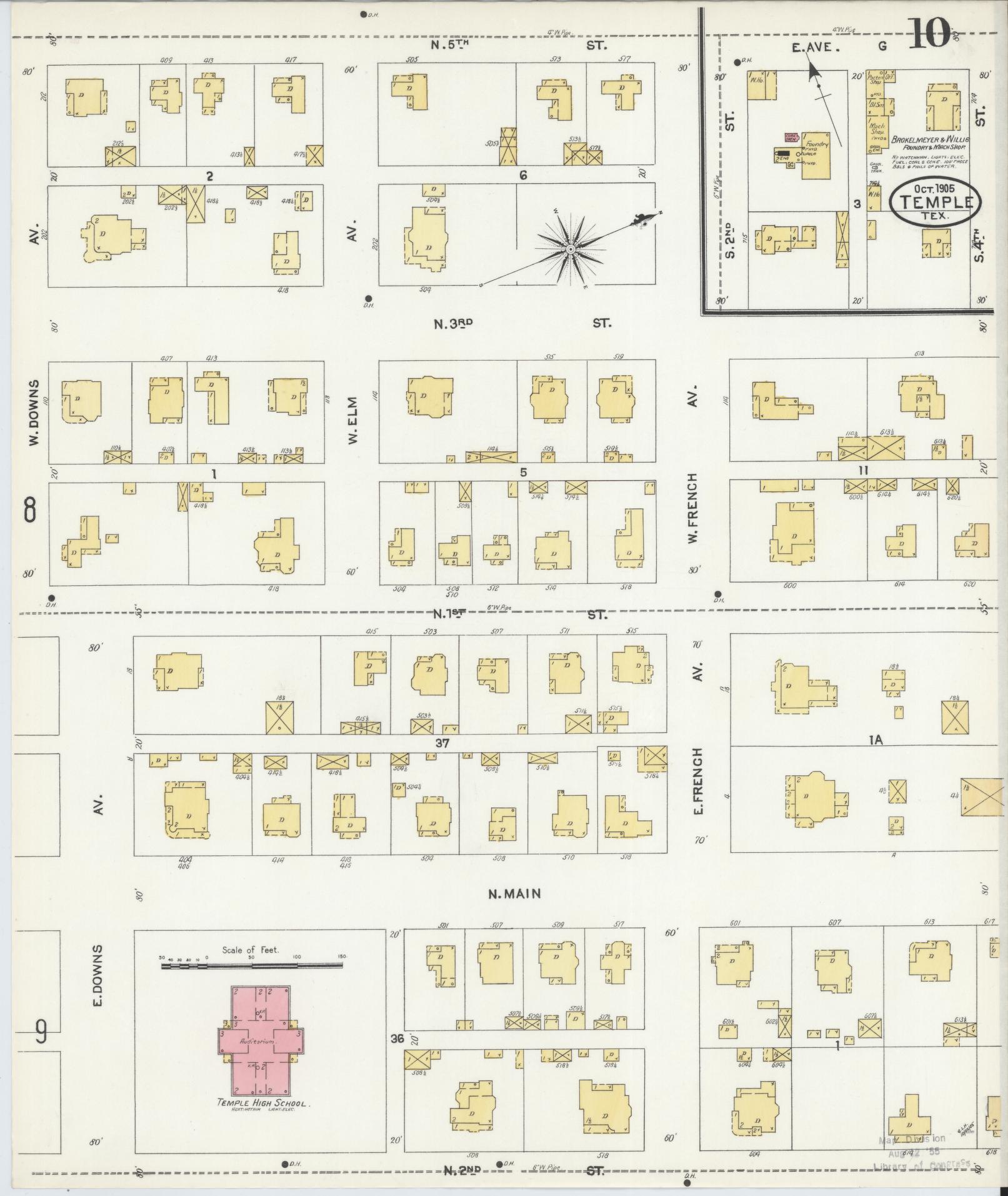 Sanborn Fire Insurance Map from Temple, Bell County, Texas (1905), Sheet #0010 - Historic Sanborn Fire Insurance Map Print, vintage old map wall art, antique decor, genealogy gift, Texas Texas map