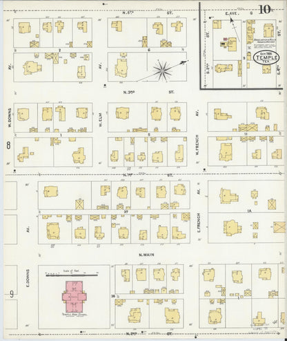 Sanborn Fire Insurance Map from Temple, Bell County, Texas (1905), Sheet #0010 - Historic Sanborn Fire Insurance Map Print, vintage old map wall art, antique decor, genealogy gift, Texas Texas map