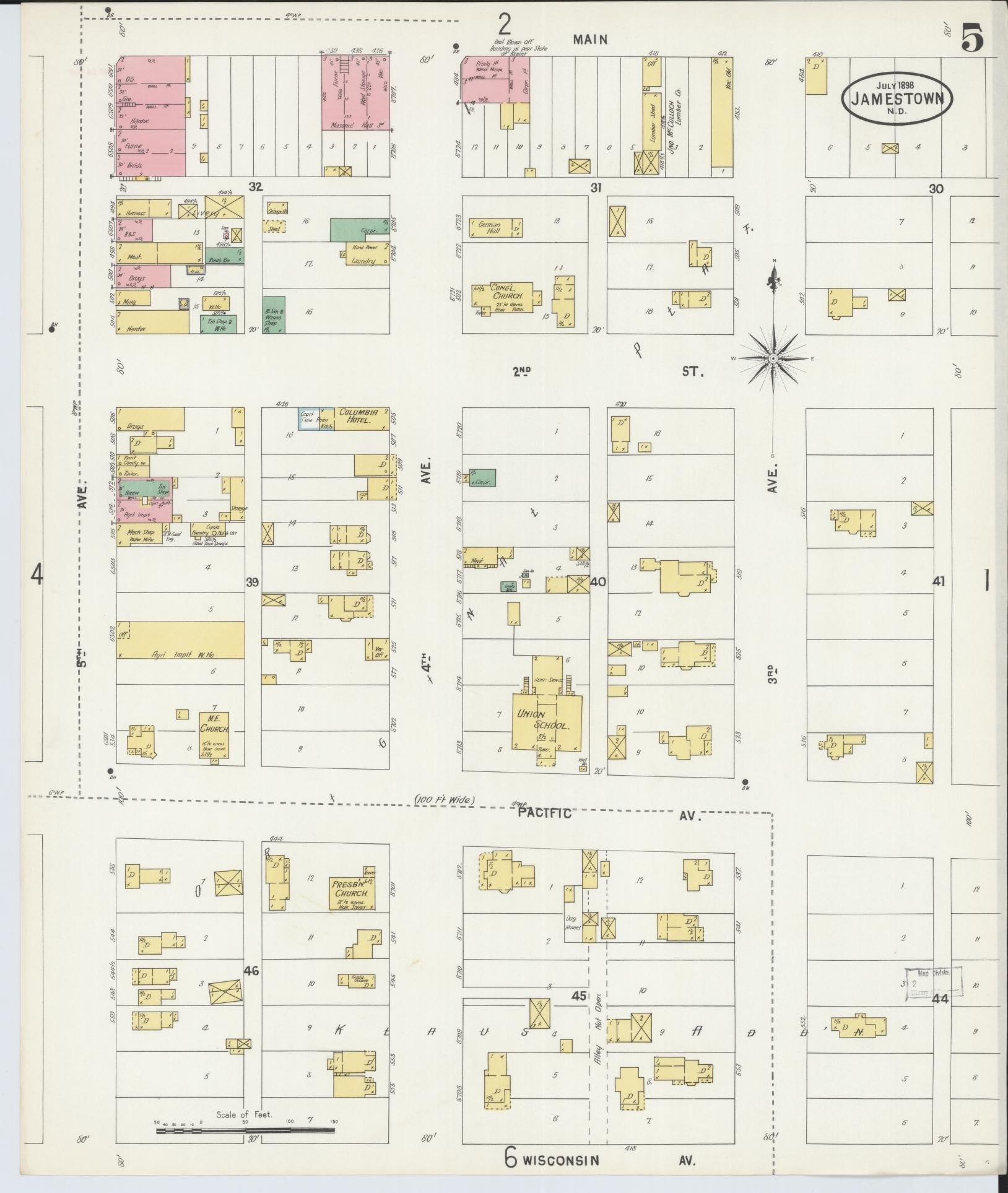Sanborn Fire Insurance Map from Jamestown, Stutsman County, North Dakota (1898), Sheet #0005 - Historic Sanborn Fire Insurance Map Print, vintage old map wall art, antique decor, genealogy gift, North Dakota North Dakota map