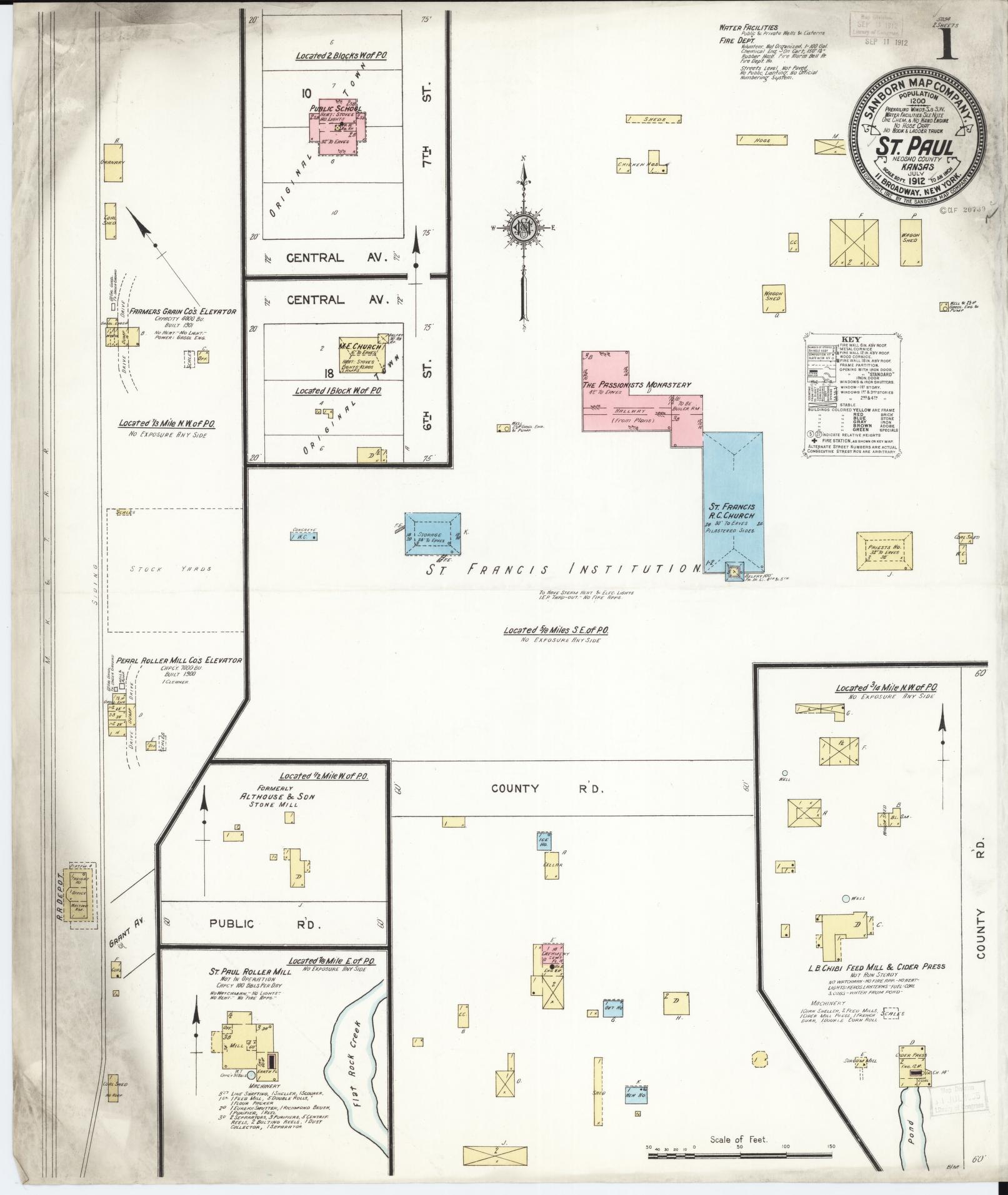 Sanborn Fire Insurance Map from Saint Paul, Neosho County, Kansas (1912), Sheet #0001 - Complete Map Set gallery image, historic Sanborn map, vintage wall art, Kansas Kansas