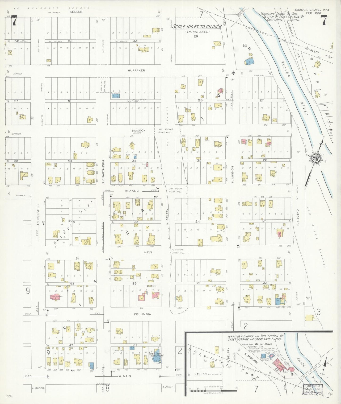 Sanborn Fire Insurance Map from Council Grove, Morris County, Kansas (1937), Sheet #0007 - Historic Sanborn Fire Insurance Map Print, vintage old map wall art, antique decor, genealogy gift, Kansas Kansas map