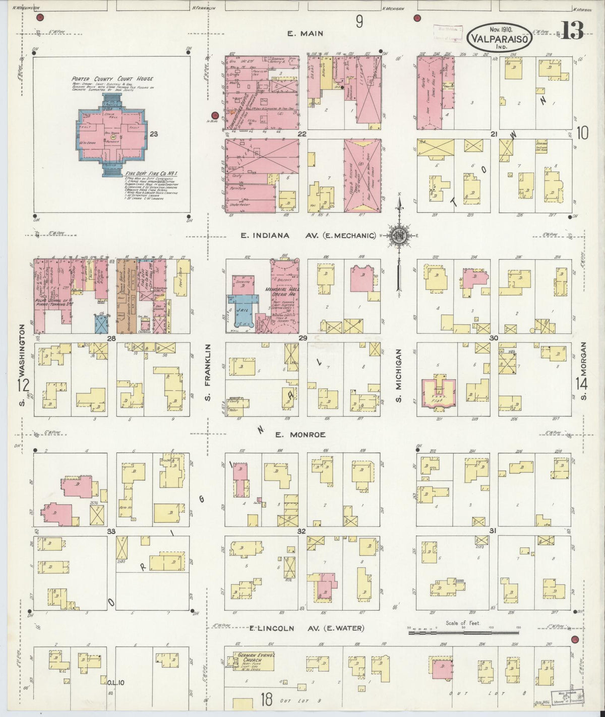 Sanborn Fire Insurance Map from Valparaiso, Porter County, Indiana (1910), Sheet #0013 - Historic Sanborn Fire Insurance Map Print, vintage old map wall art, antique decor, genealogy gift, Indiana Indiana map