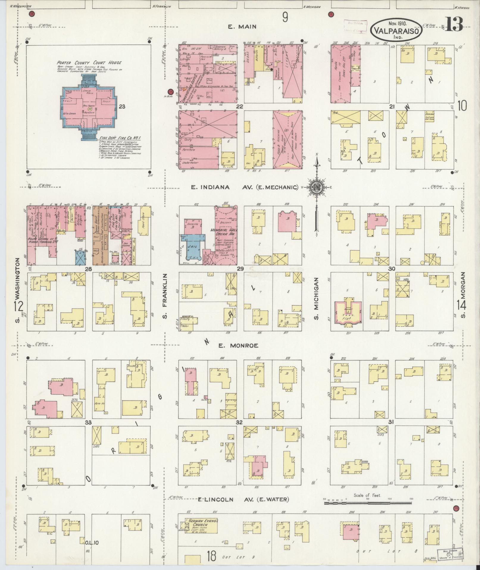 Sanborn Fire Insurance Map from Valparaiso, Porter County, Indiana (1910), Sheet #0013 - Historic Sanborn Fire Insurance Map Print, vintage old map wall art, antique decor, genealogy gift, Indiana Indiana map