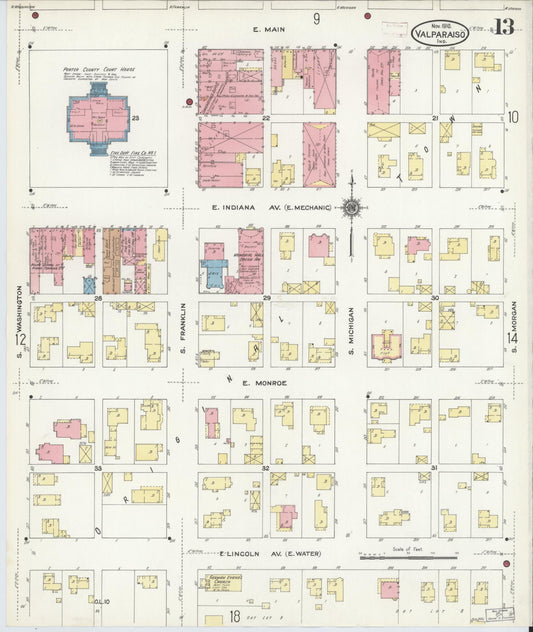 Sanborn Fire Insurance Map from Valparaiso, Porter County, Indiana (1910), Sheet #0013 - Historic Sanborn Fire Insurance Map Print, vintage old map wall art, antique decor, genealogy gift, Indiana Indiana map