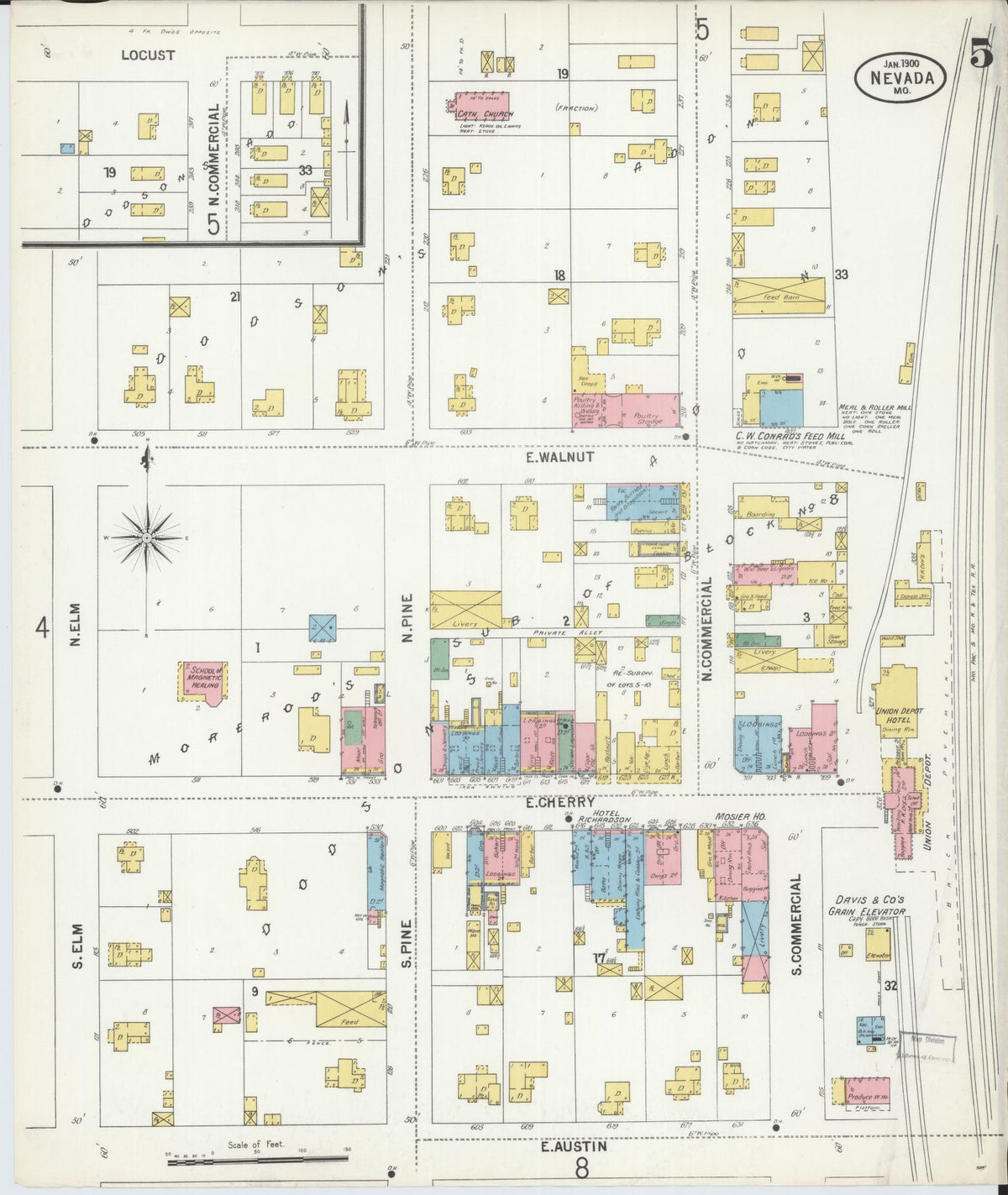 Sanborn Fire Insurance Map from Nevada, Vernon County, Missouri (1900), Sheet #0005 - Historic Sanborn Fire Insurance Map Print, vintage old map wall art, antique decor, genealogy gift, Nevada Nevada map