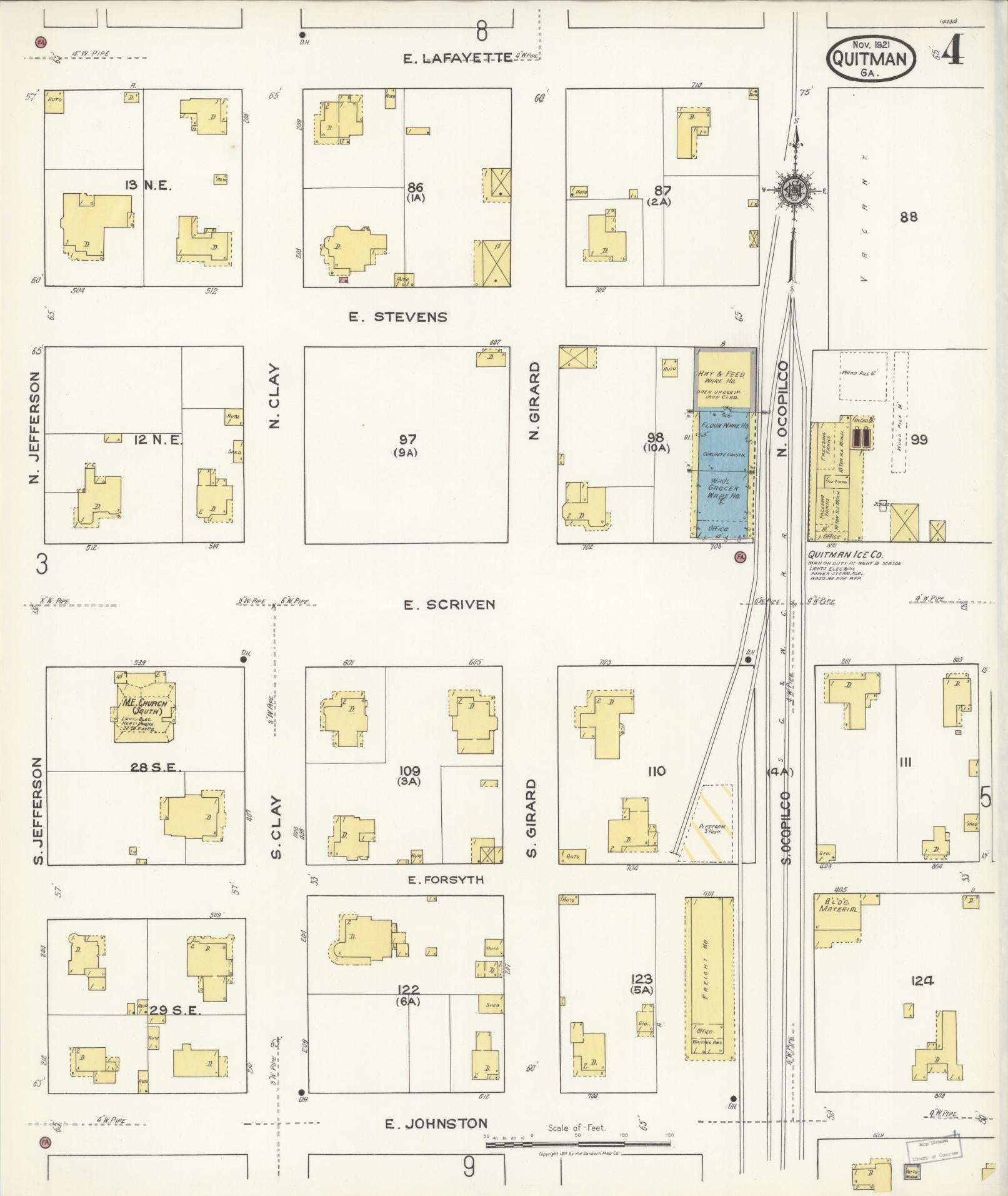 Sanborn Fire Insurance Map from Quitman, Brooks County, Georgia (1921), Sheet #0004 - Historic Sanborn Fire Insurance Map Print, vintage old map wall art, antique decor, genealogy gift, Georgia Georgia map