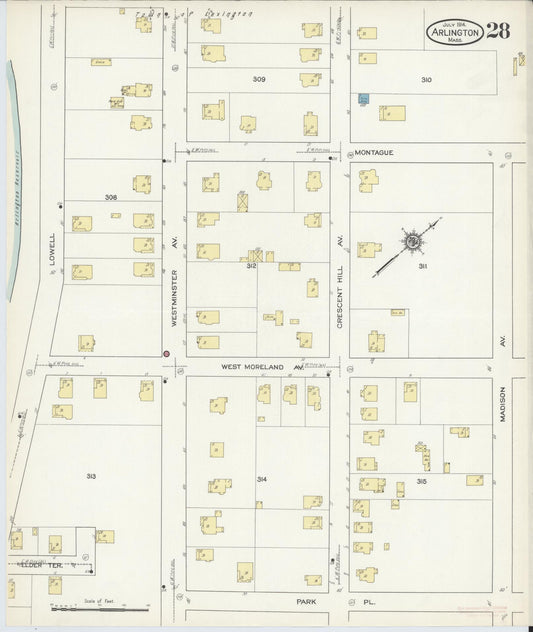 Sanborn Fire Insurance Map from Arlington, Middlesex County, Massachusetts (1914), Sheet #0028 - Historic Sanborn Fire Insurance Map Print, vintage old map wall art, antique decor, genealogy gift, Massachusetts Massachusetts map