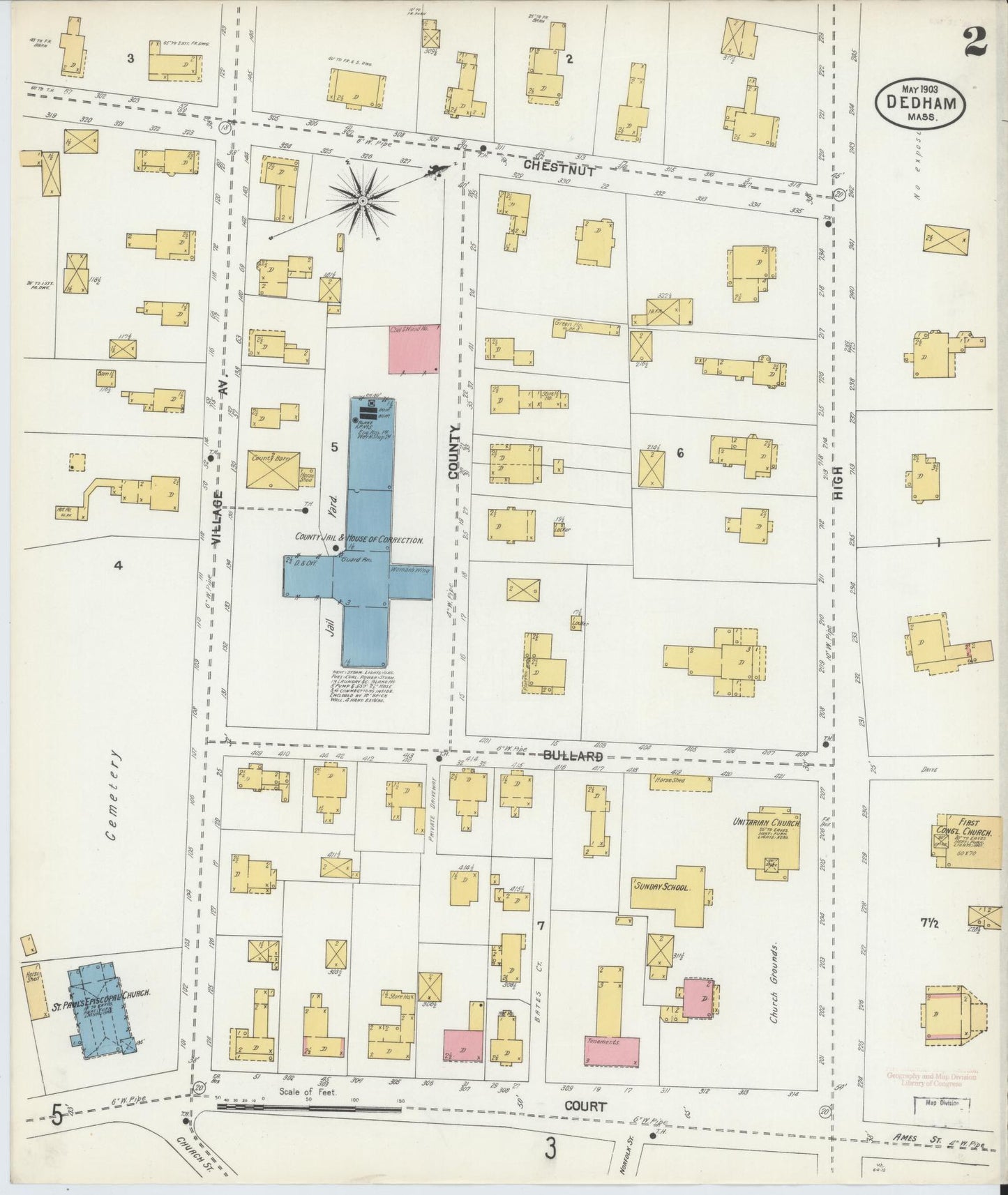 Sanborn Fire Insurance Map from Dedham, Norfolk County, Massachusetts (1903), Sheet #0002 - Complete Map Set gallery image, historic Sanborn map, vintage wall art, Massachusetts Massachusetts