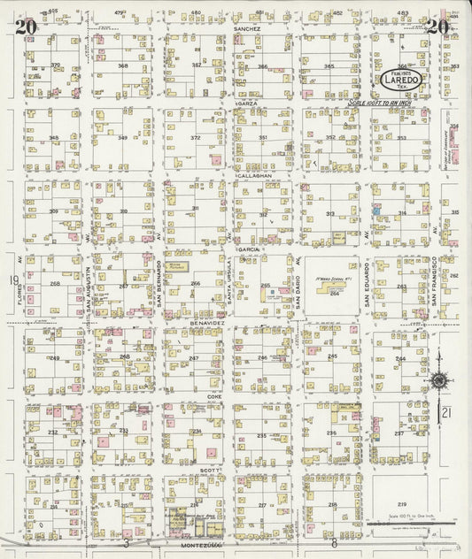 Sanborn Fire Insurance Map from Laredo, Webb County, Texas (1925), Sheet #0020 - Historic Sanborn Fire Insurance Map Print, vintage old map wall art, antique decor, genealogy gift, Texas Texas map