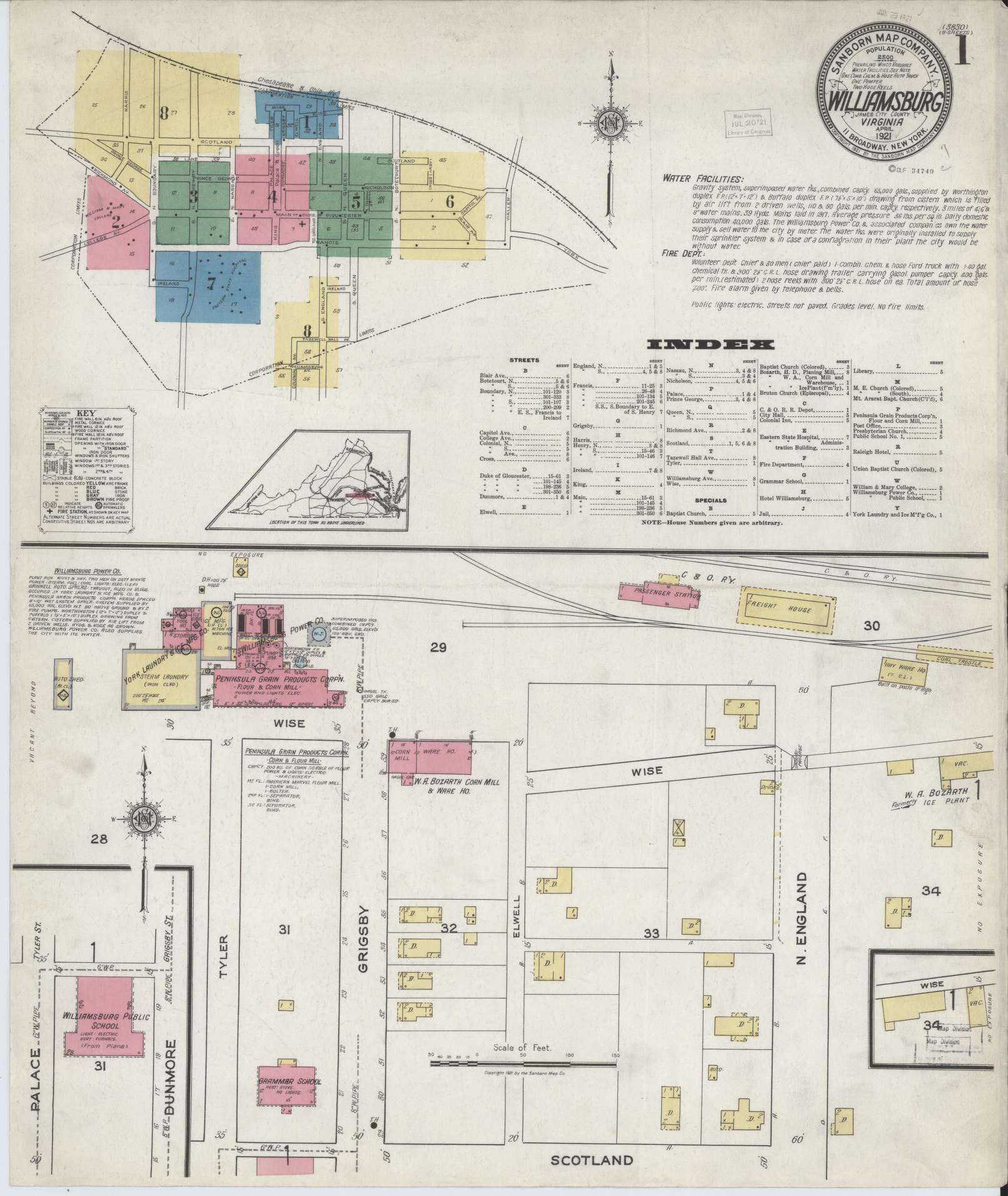 Sanborn Fire Insurance Map from Williamsburg, Independent Cities, Virginia (1921), Sheet #0001 - Complete Map Set gallery image, historic Sanborn map, vintage wall art, Virginia Virginia