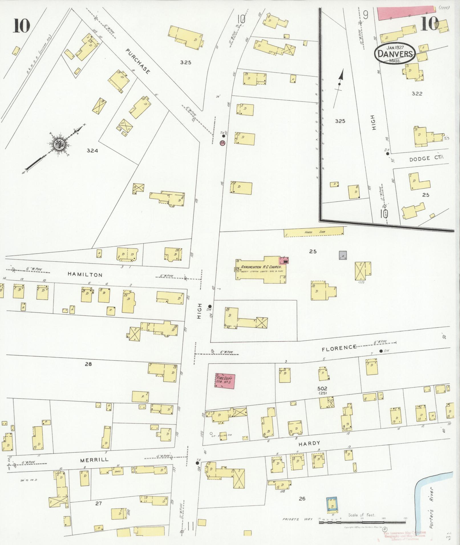 Sanborn Fire Insurance Map from Danvers, Essex County, Massachusetts (1927), Sheet #0010 - Complete Map Set gallery image, historic Sanborn map, vintage wall art, Massachusetts Massachusetts
