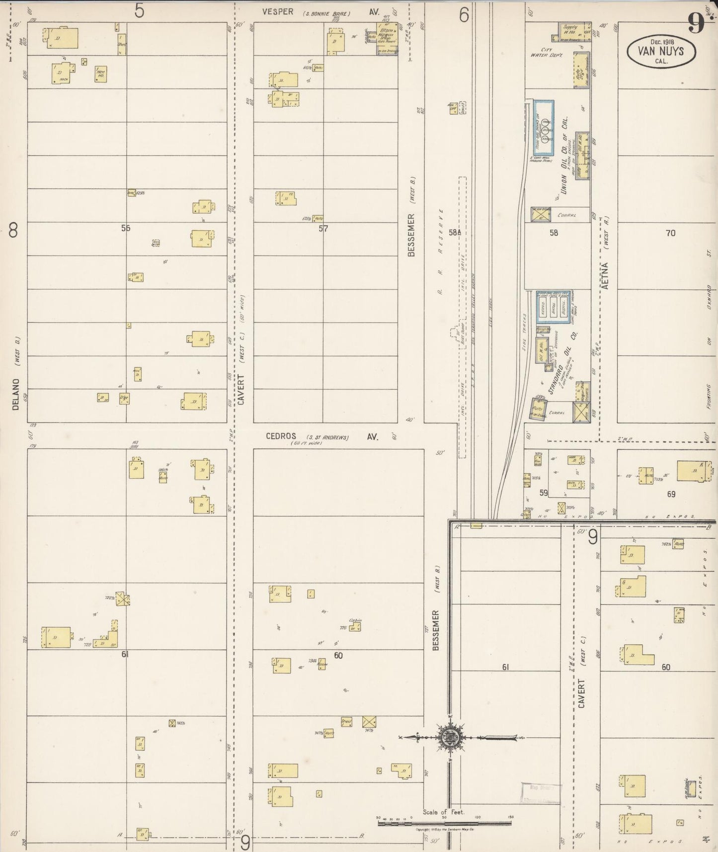 Sanborn Fire Insurance Map from Van Nuys, Los Angeles County, California (1918), Sheet #0009 - Complete Map Set gallery image, historic Sanborn map, vintage wall art, California California