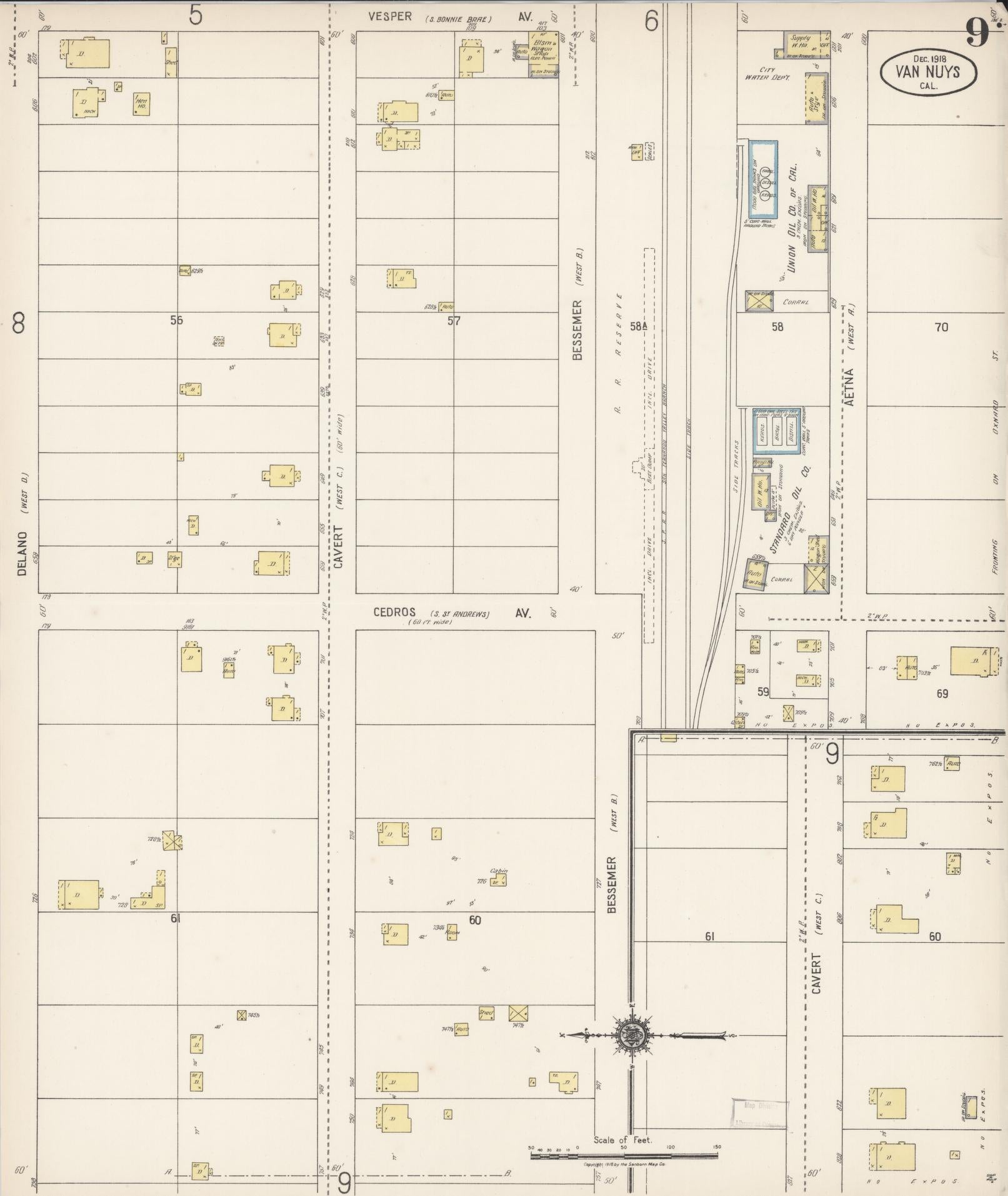 Sanborn Fire Insurance Map from Van Nuys, Los Angeles County, California (1918), Sheet #0009 - Complete Map Set gallery image, historic Sanborn map, vintage wall art, California California