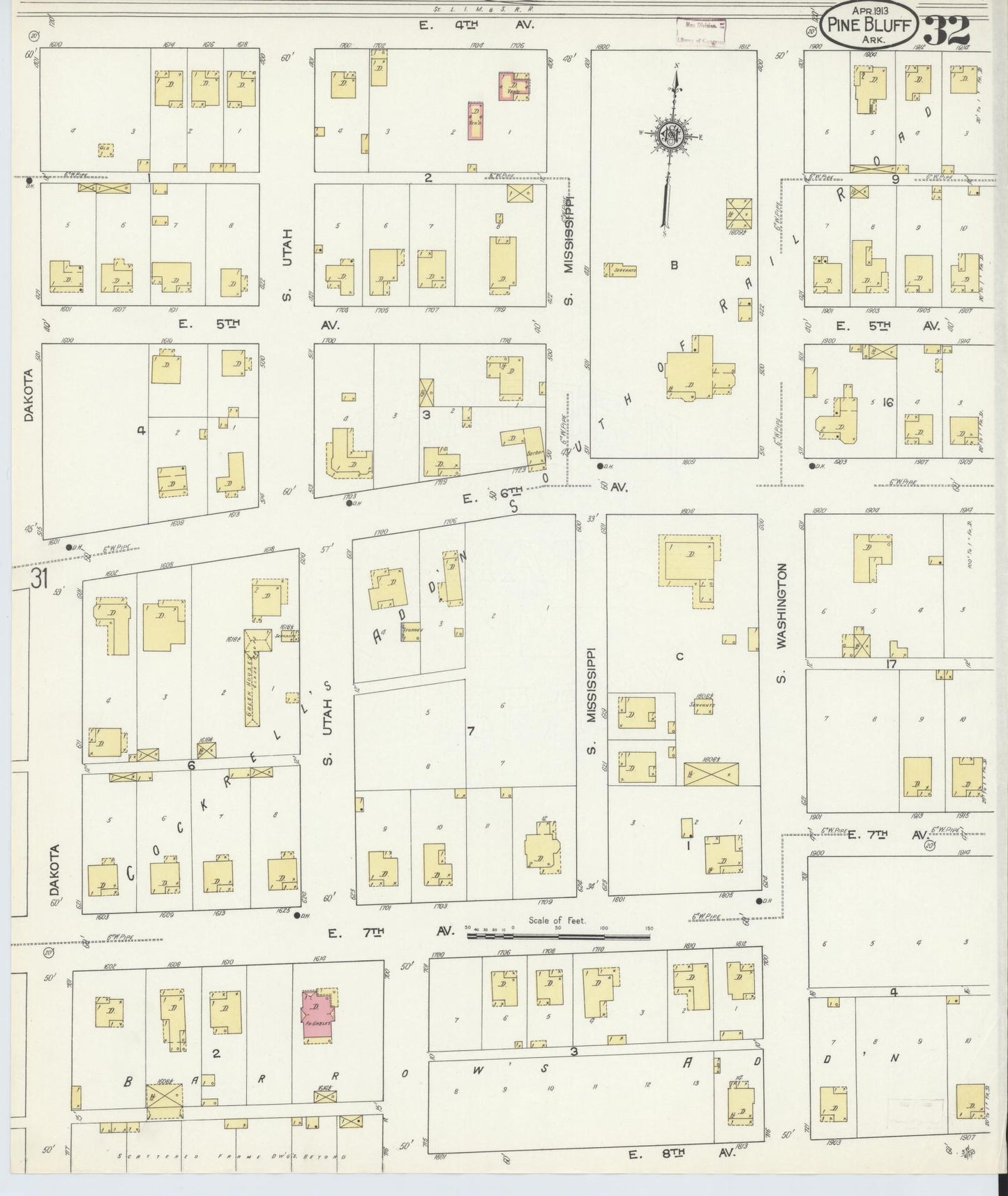 Sanborn Fire Insurance Map from Pine Bluff, Jefferson County, Arkansas (1913), Sheet #0032 - Historic Sanborn Fire Insurance Map Print, vintage old map wall art, antique decor, genealogy gift, Arkansas Arkansas map