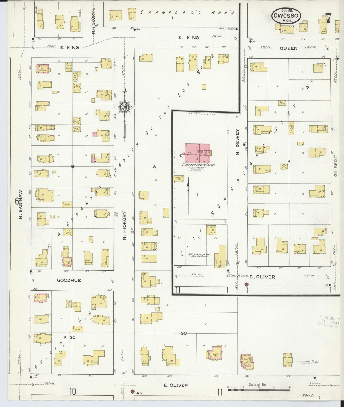 Sanborn Fire Insurance Map from Owosso, Shiawassee County, Michigan (1915), Sheet #0007 - Historic Sanborn Fire Insurance Map Print, vintage old map wall art, antique decor, genealogy gift, Michigan Michigan map