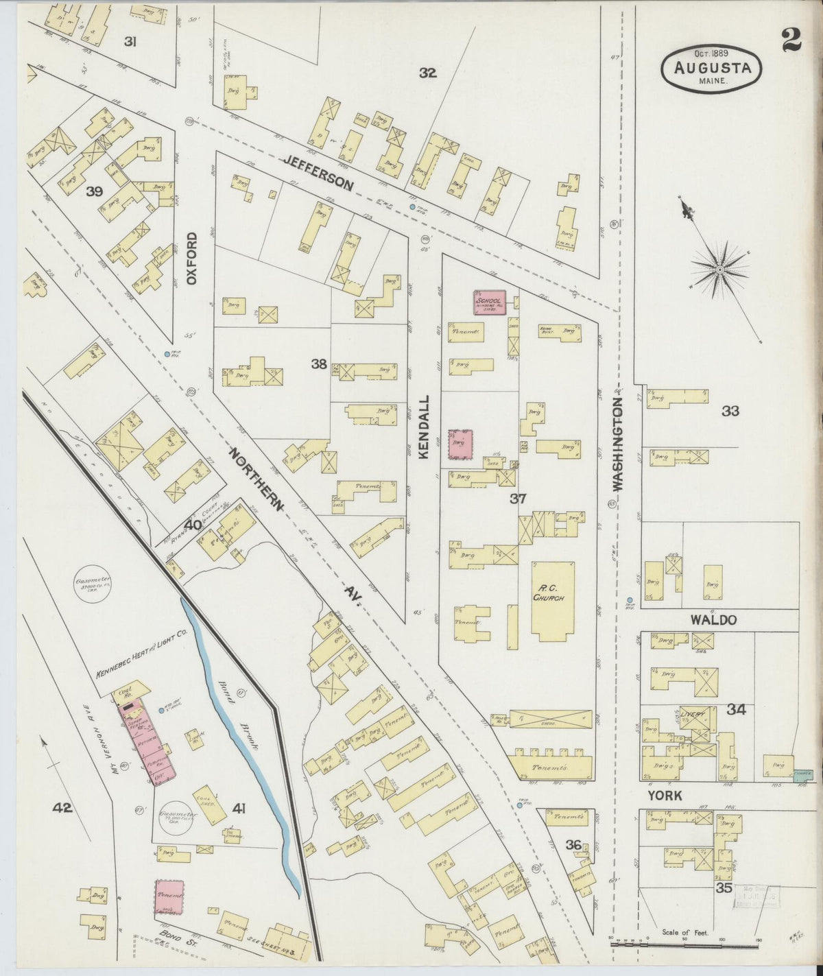 Sanborn Fire Insurance Map from Augusta, Kennebec County, Maine (1889), Sheet #0002 - Historic Sanborn Fire Insurance Map Print, vintage old map wall art, antique decor, genealogy gift, Maine Maine map