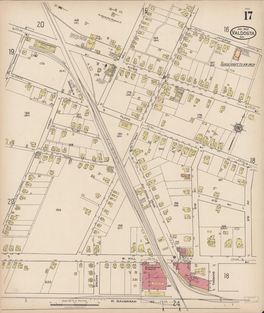 Sanborn Fire Insurance Map from Valdosta, Lowndes County, Georgia (1922), Sheet #0017 - Historic Sanborn Fire Insurance Map Print, vintage old map wall art, antique decor, genealogy gift, Georgia Georgia map