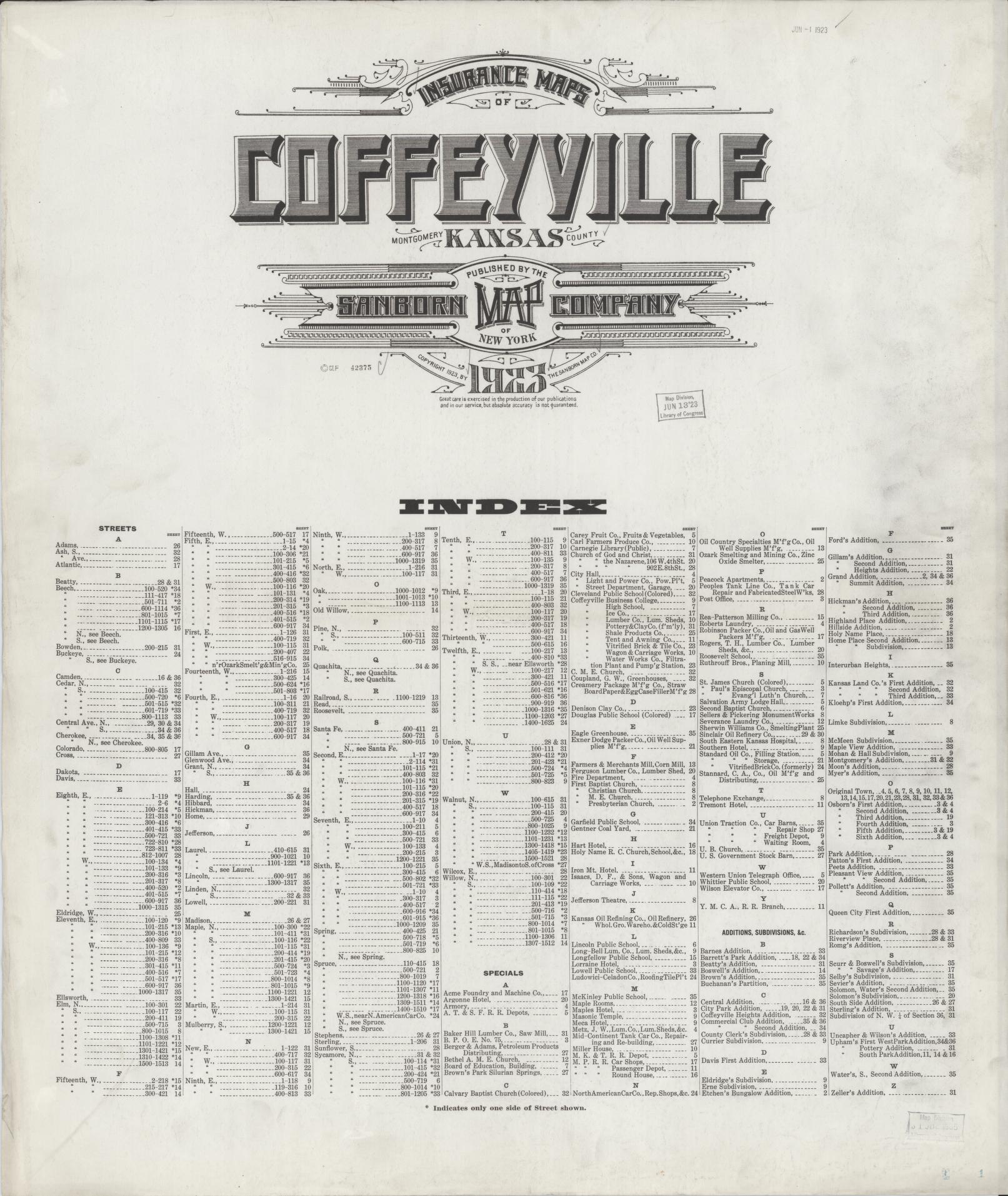 Sanborn Fire Insurance Map from Coffeyville, Montgomery County, Kansas. (1923) – Historic Sanborn Fire Insurance Map Print