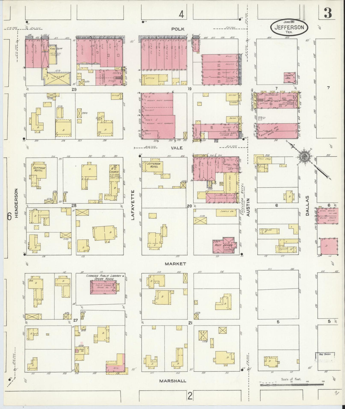 Sanborn Fire Insurance Map from Jefferson, Marion County, Texas (1911), Sheet #0003 - Historic Sanborn Fire Insurance Map Print, vintage old map wall art, antique decor, genealogy gift, Texas Texas map