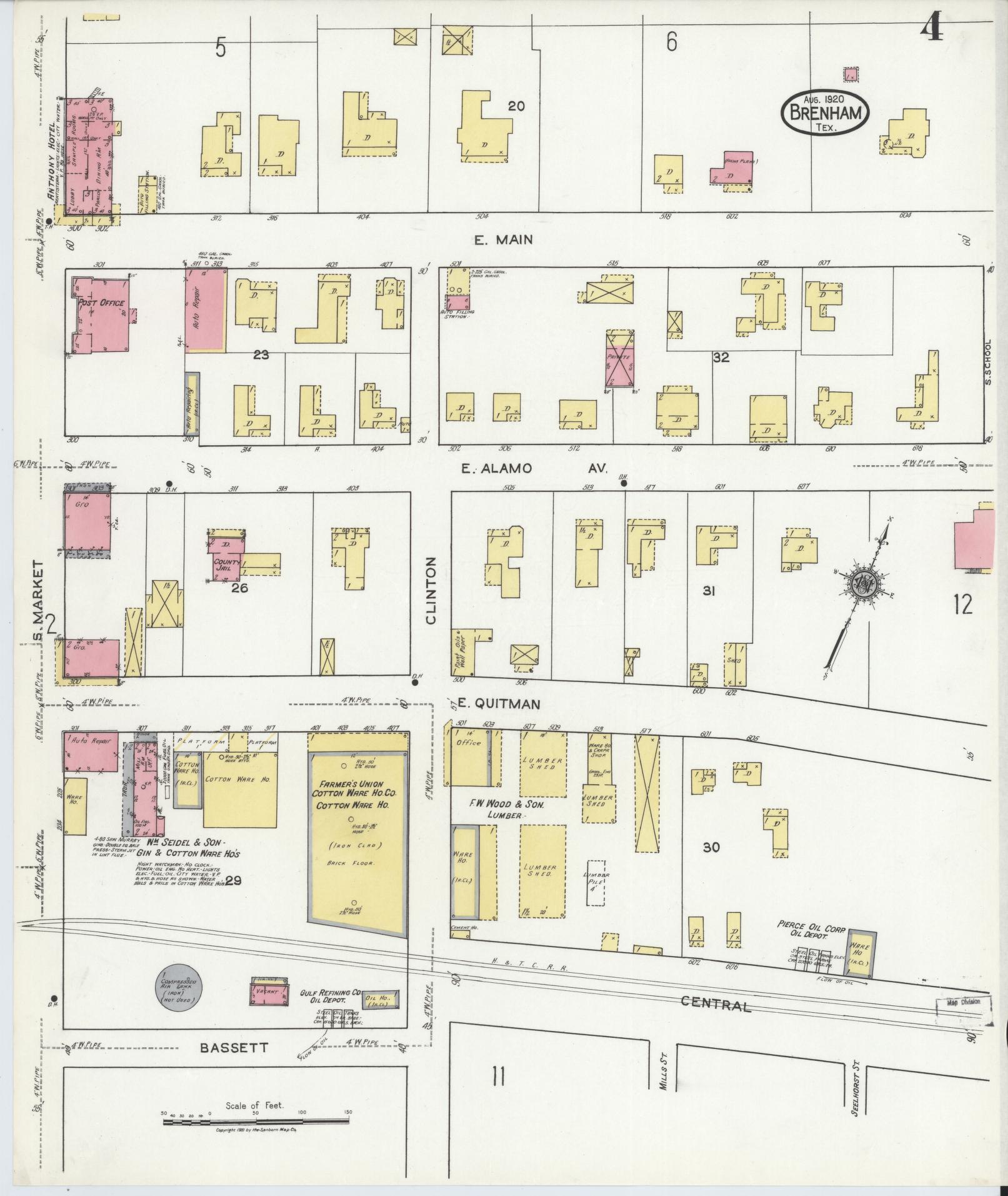 Sanborn Fire Insurance Map from Brenham, Washington County, Texas (1920), Sheet #0004 - Historic Sanborn Fire Insurance Map Print, vintage old map wall art, antique decor, genealogy gift, Texas Texas map