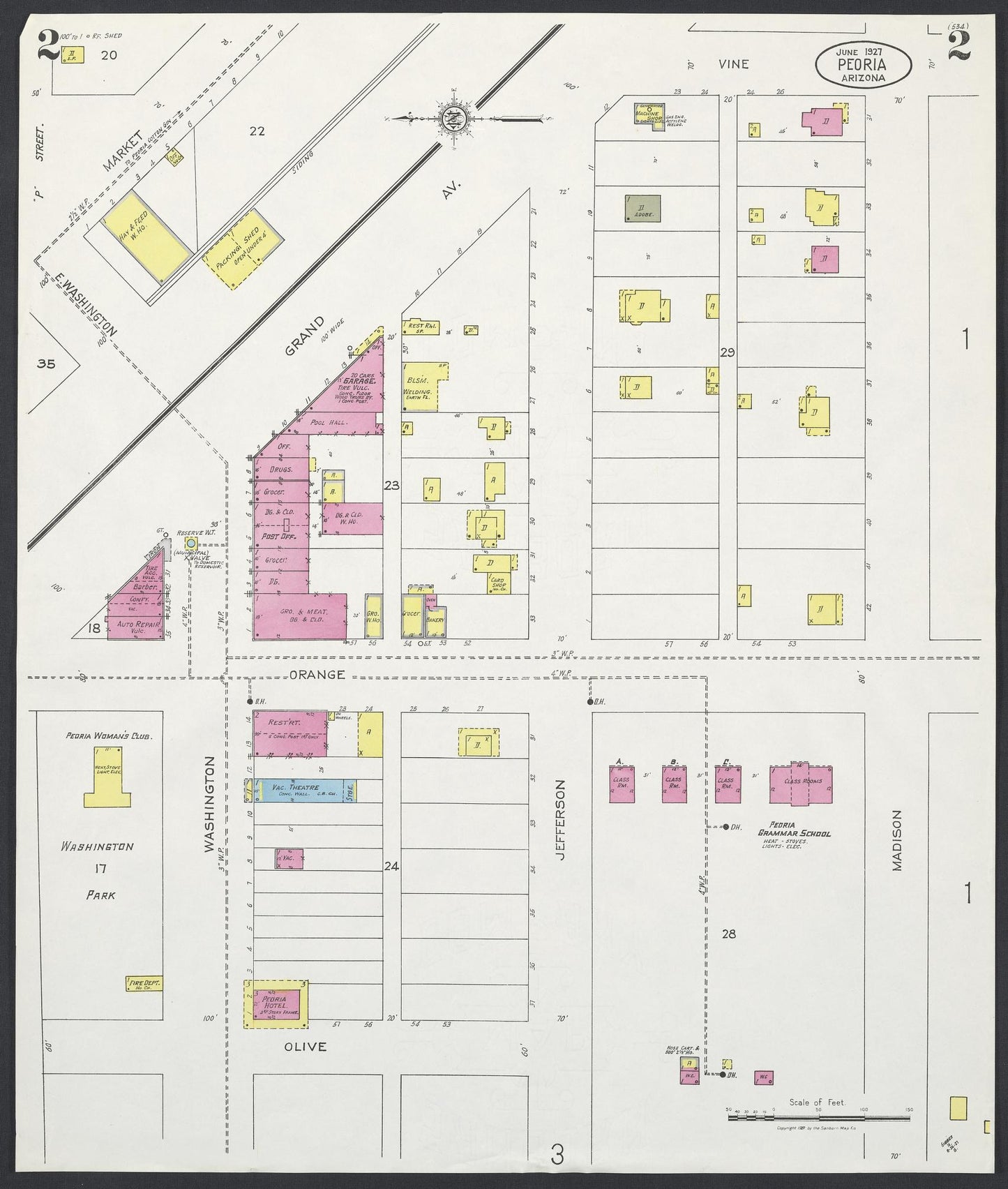 Sanborn Fire Insurance Map from Peoria, Maricopa County, Arizona (1927), Sheet #0002 - Historic Sanborn Fire Insurance Map Print, vintage old map wall art, antique decor, genealogy gift, Arizona Arizona map