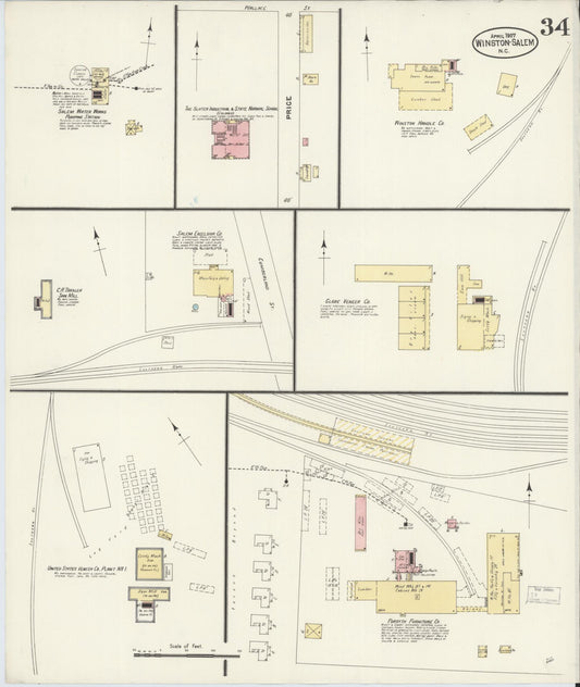 Sanborn Fire Insurance Map from Winston-Salem, Forsyth County, North Carolina (1907), Sheet #0034 - Historic Sanborn Fire Insurance Map Print, vintage old map wall art, antique decor, genealogy gift, North Carolina North Carolina map
