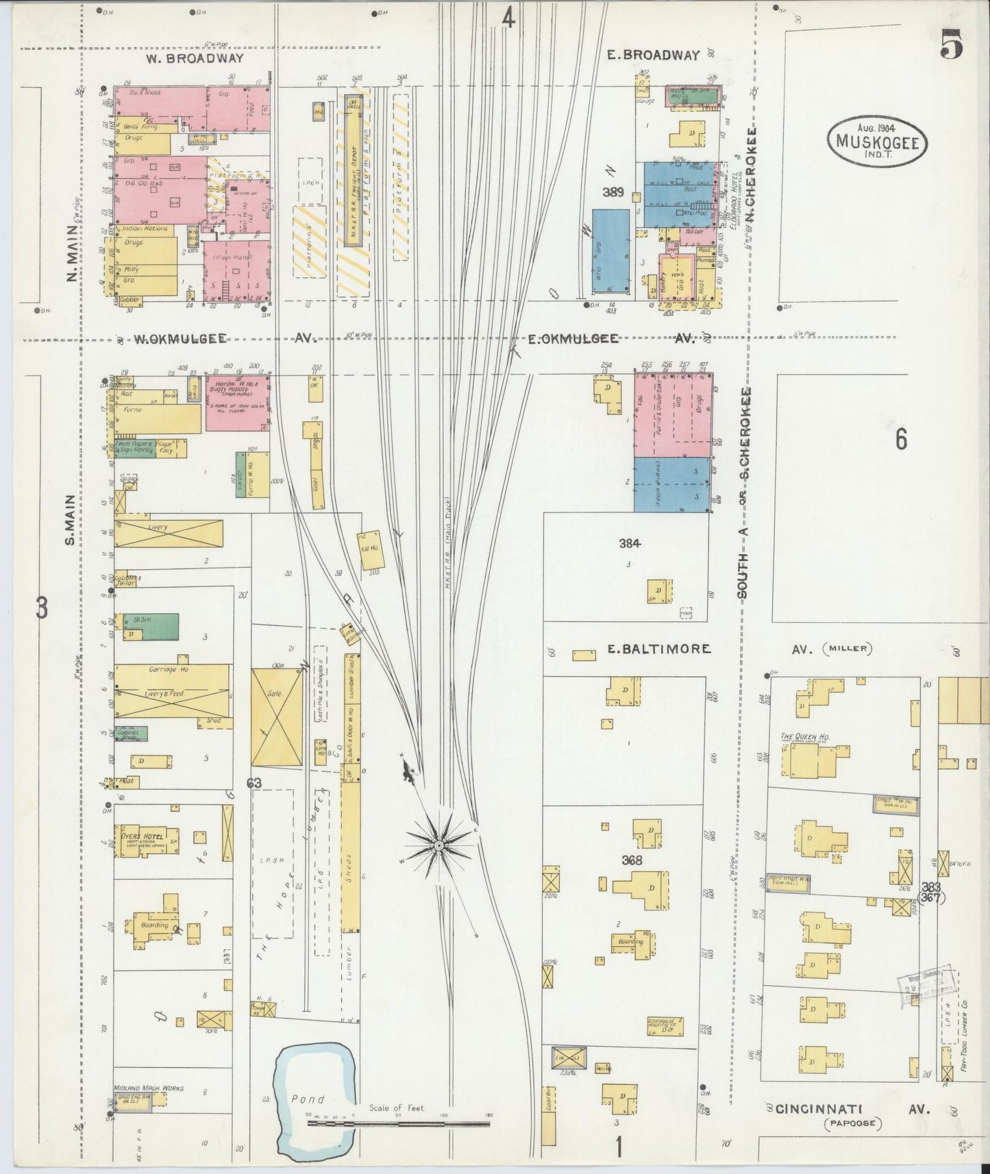 Sanborn Fire Insurance Map from Muskogee, Muskogee County, Oklahoma (1904), Sheet #0005 - Complete Map Set gallery image, historic Sanborn map, vintage wall art, Oklahoma Oklahoma