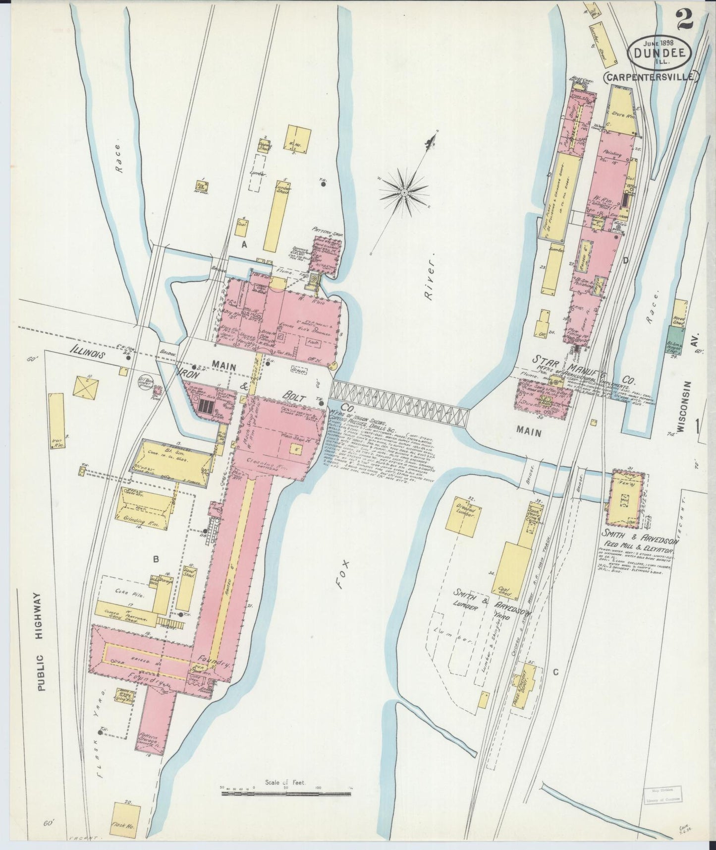 Sanborn Fire Insurance Map from Dundee, Kane County, Illinois (1898), Sheet #0002 - Complete Map Set gallery image, historic Sanborn map, vintage wall art, Illinois Illinois