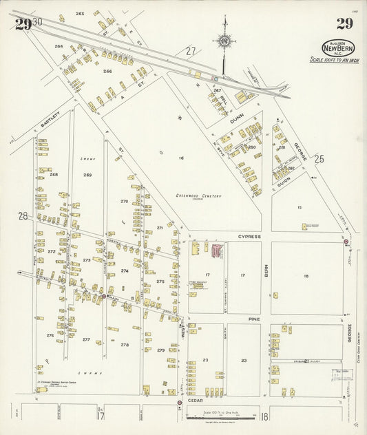 Sanborn Fire Insurance Map from New Bern, Craven County, North Carolina (1924), Sheet #0029 - Historic Sanborn Fire Insurance Map Print, vintage old map wall art, antique decor, genealogy gift, North Carolina North Carolina map