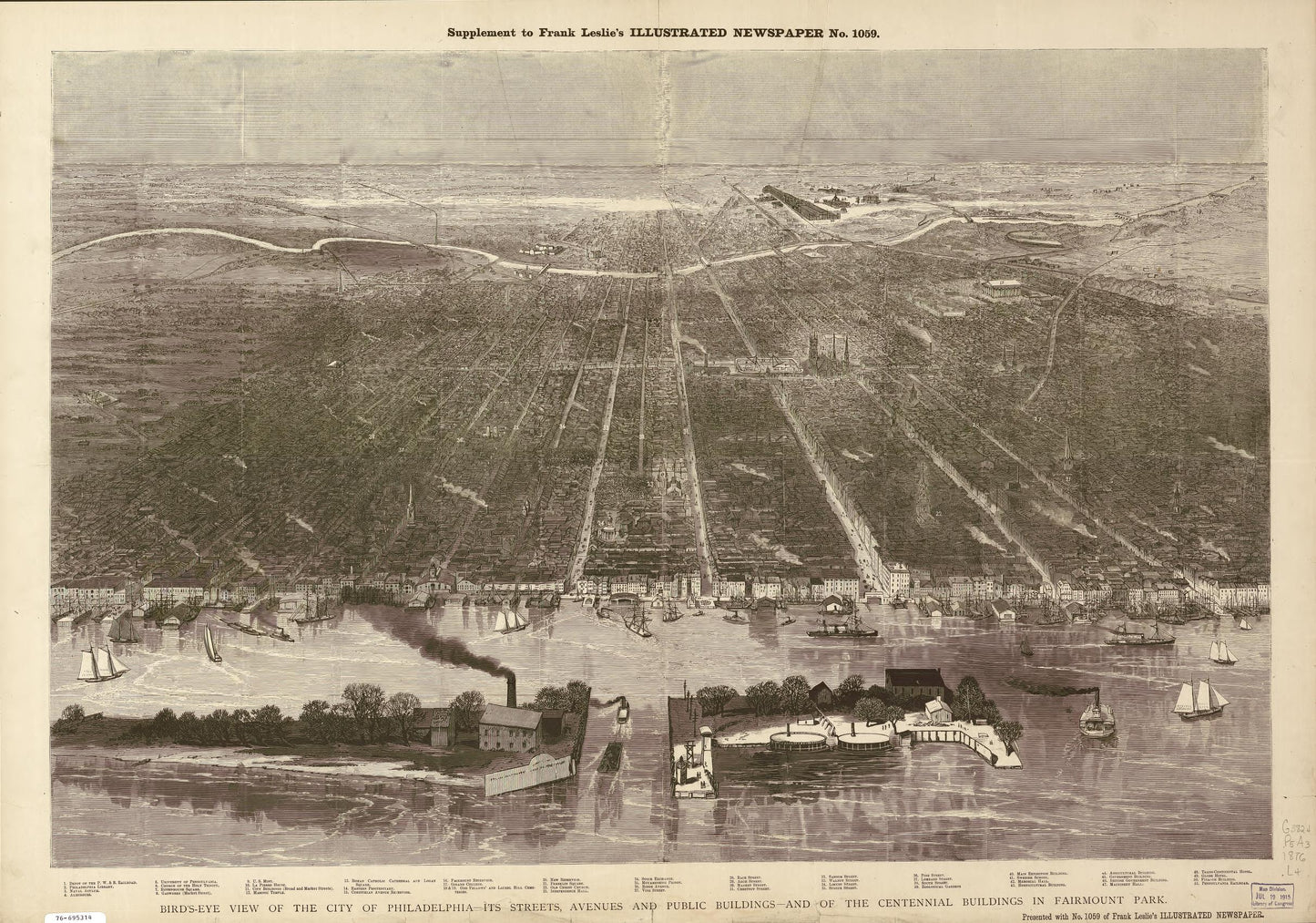 Bird's-eye view of the city of Philadelphia --its streets, avenues, and public buildings--and of the Centennial buildings in Fairmount Park. (1876) – Historic Bird’s-Eye View Panorama Print