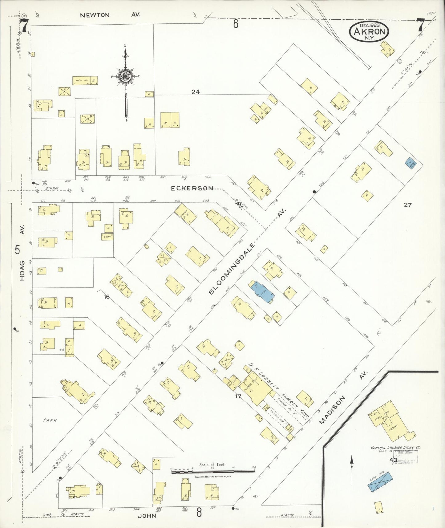 Sanborn Fire Insurance Map from Akron, Erie County, New York (1923), Sheet #0007 - Historic Sanborn Fire Insurance Map Print, vintage old map wall art, antique decor, genealogy gift, New York New York map