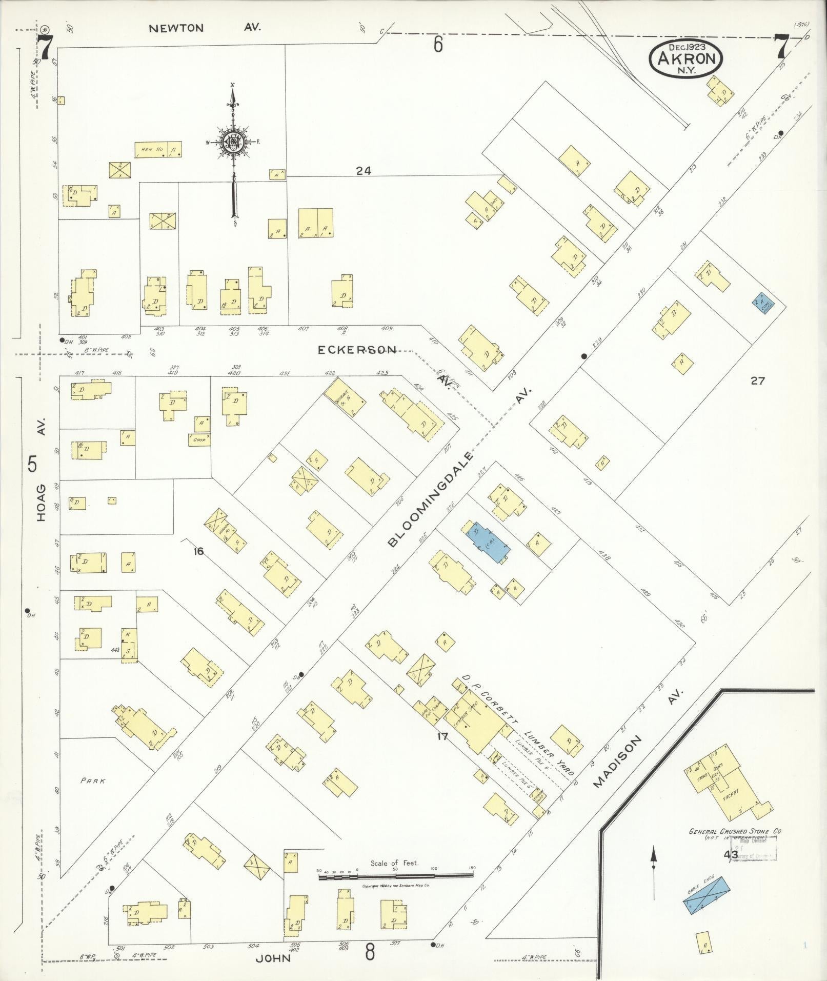 Sanborn Fire Insurance Map from Akron, Erie County, New York (1923), Sheet #0007 - Historic Sanborn Fire Insurance Map Print, vintage old map wall art, antique decor, genealogy gift, New York New York map
