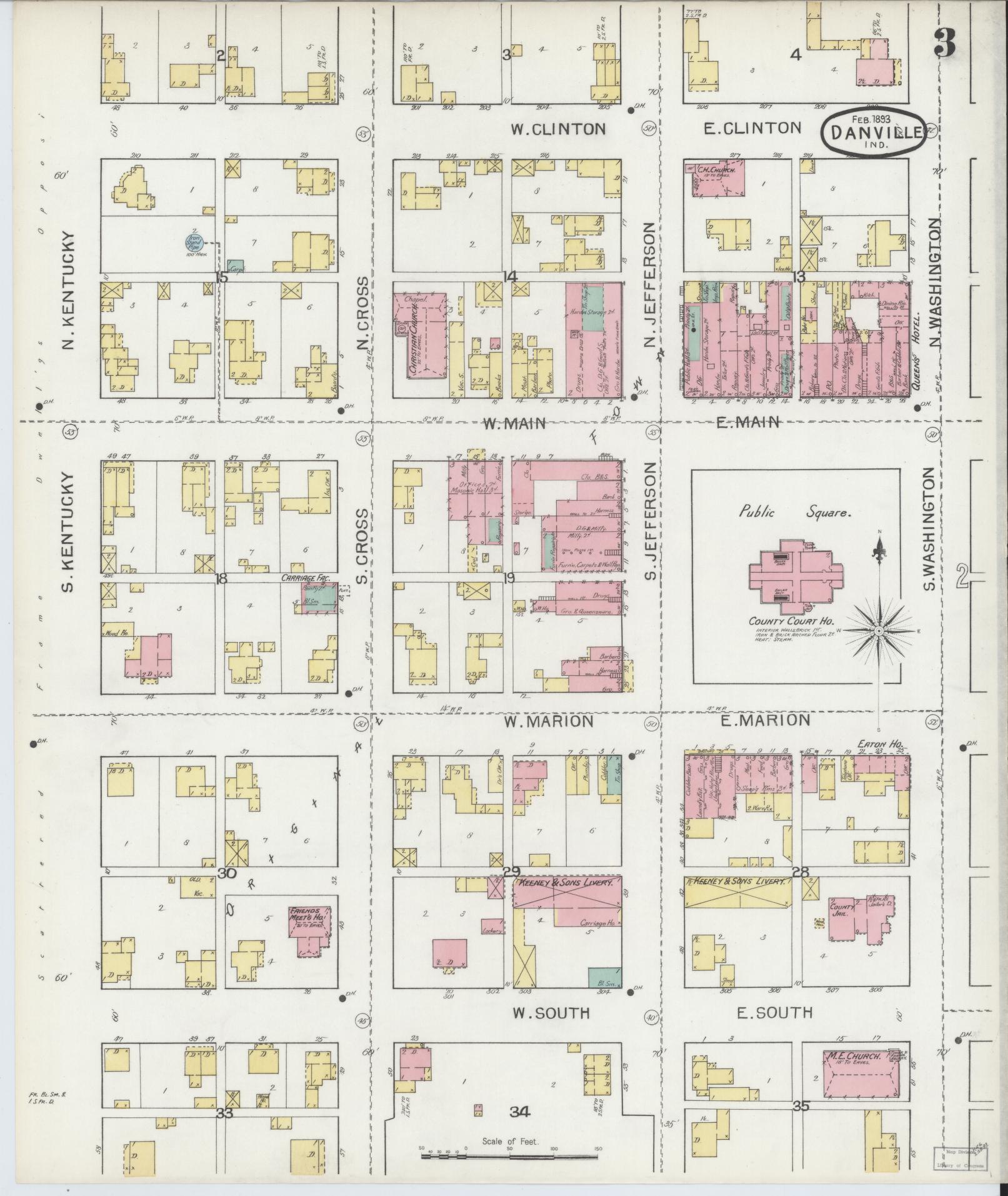 Sanborn Fire Insurance Map from Danville, Hendricks County, Indiana (1893), Sheet #0003 - Complete Map Set gallery image, historic Sanborn map, vintage wall art, Indiana Indiana