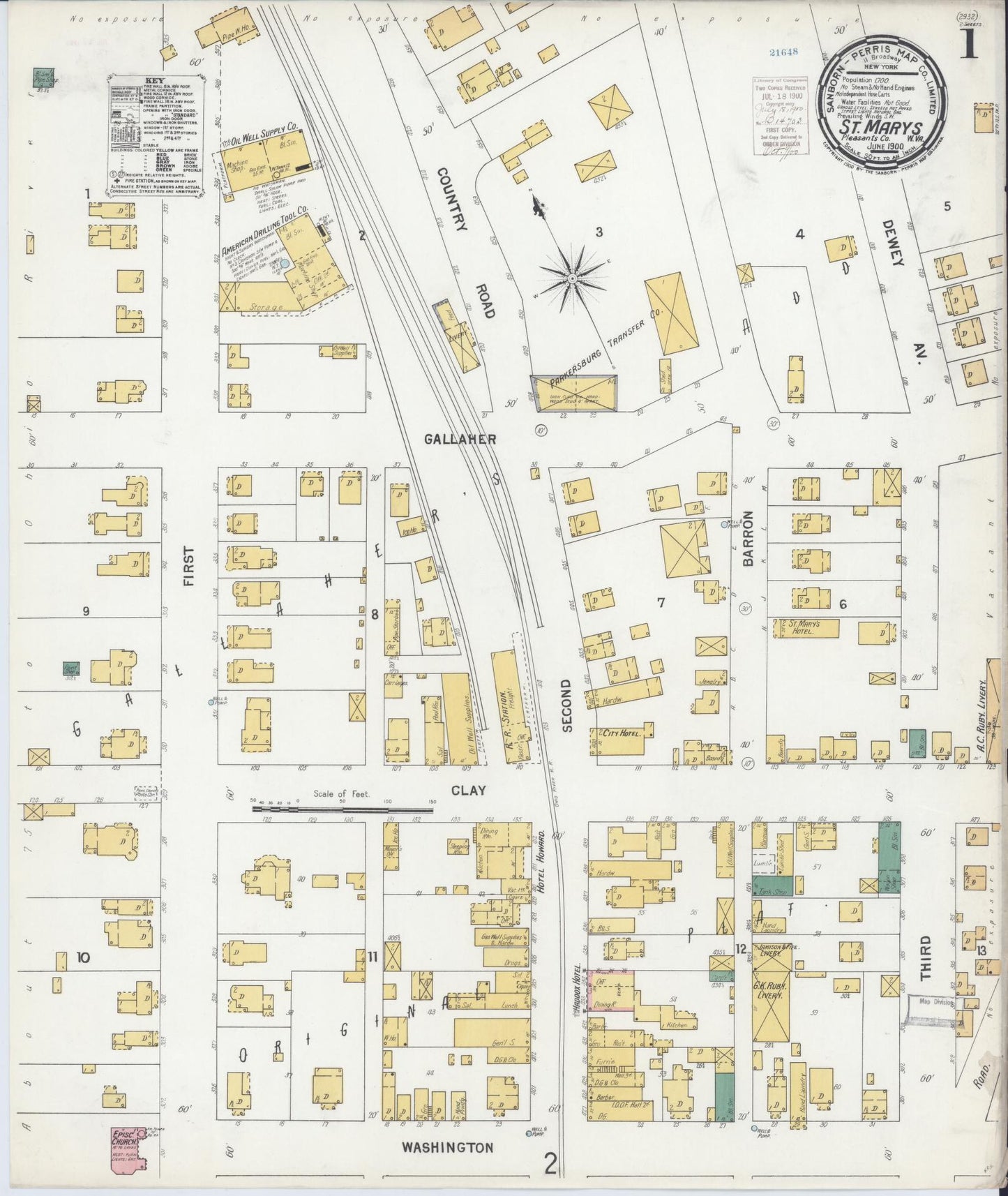 Sanborn Fire Insurance Map from Saint Marys, Pleasant County, West Virginia (1900), Sheet #0001 - Historic Sanborn Fire Insurance Map Print, vintage old map wall art, antique decor, genealogy gift, West Virginia West Virginia map