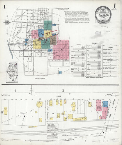 Sanborn Fire Insurance Map from Lombard, Du Page County, Illinois (1925), Sheet #0001 - Historic Sanborn Fire Insurance Map Print, vintage old map wall art, antique decor, genealogy gift, Illinois Illinois map
