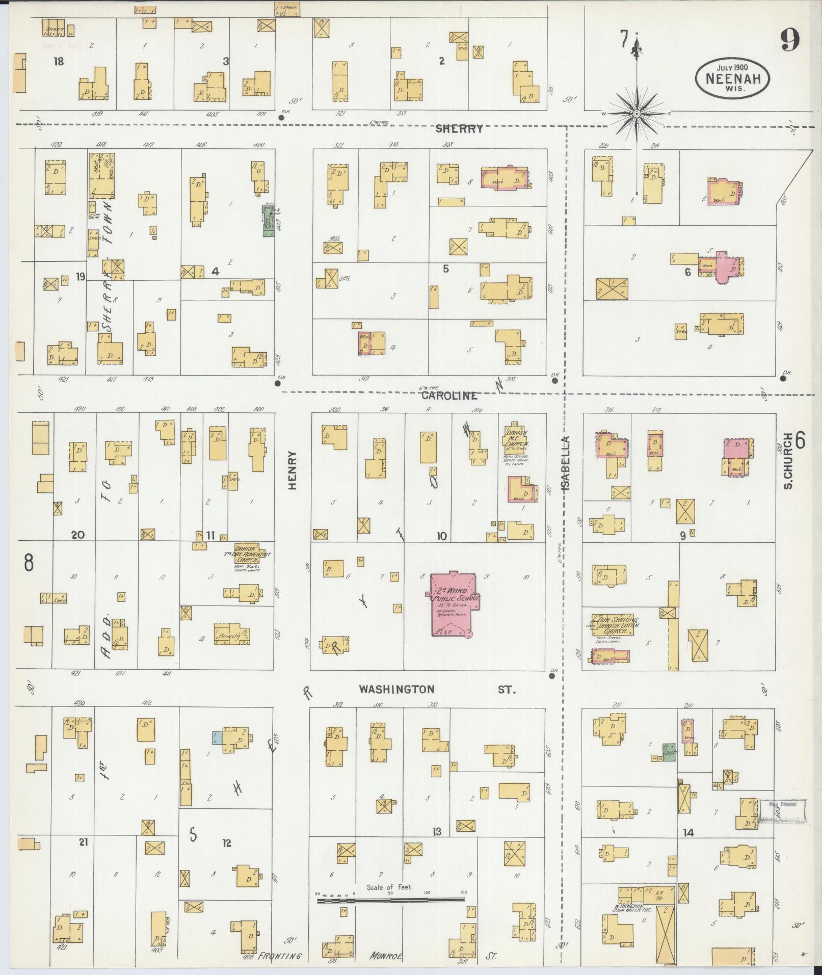 Sanborn Fire Insurance Map from Neenah, Winnebago County, Wisconsin (1900), Sheet #0009 - Historic Sanborn Fire Insurance Map Print, vintage old map wall art, antique decor, genealogy gift, Wisconsin Wisconsin map