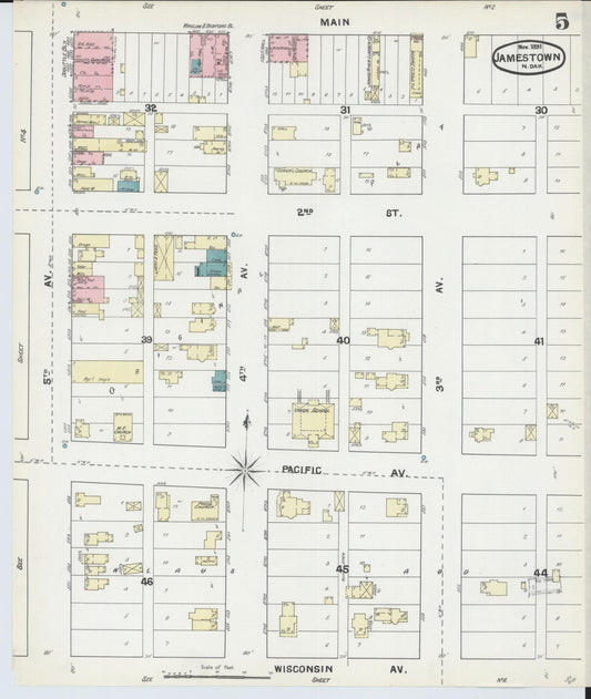 Sanborn Fire Insurance Map from Jamestown, Stutsman County, North Dakota (1891), Sheet #0005 - Historic Sanborn Fire Insurance Map Print, vintage old map wall art, antique decor, genealogy gift, North Dakota North Dakota map