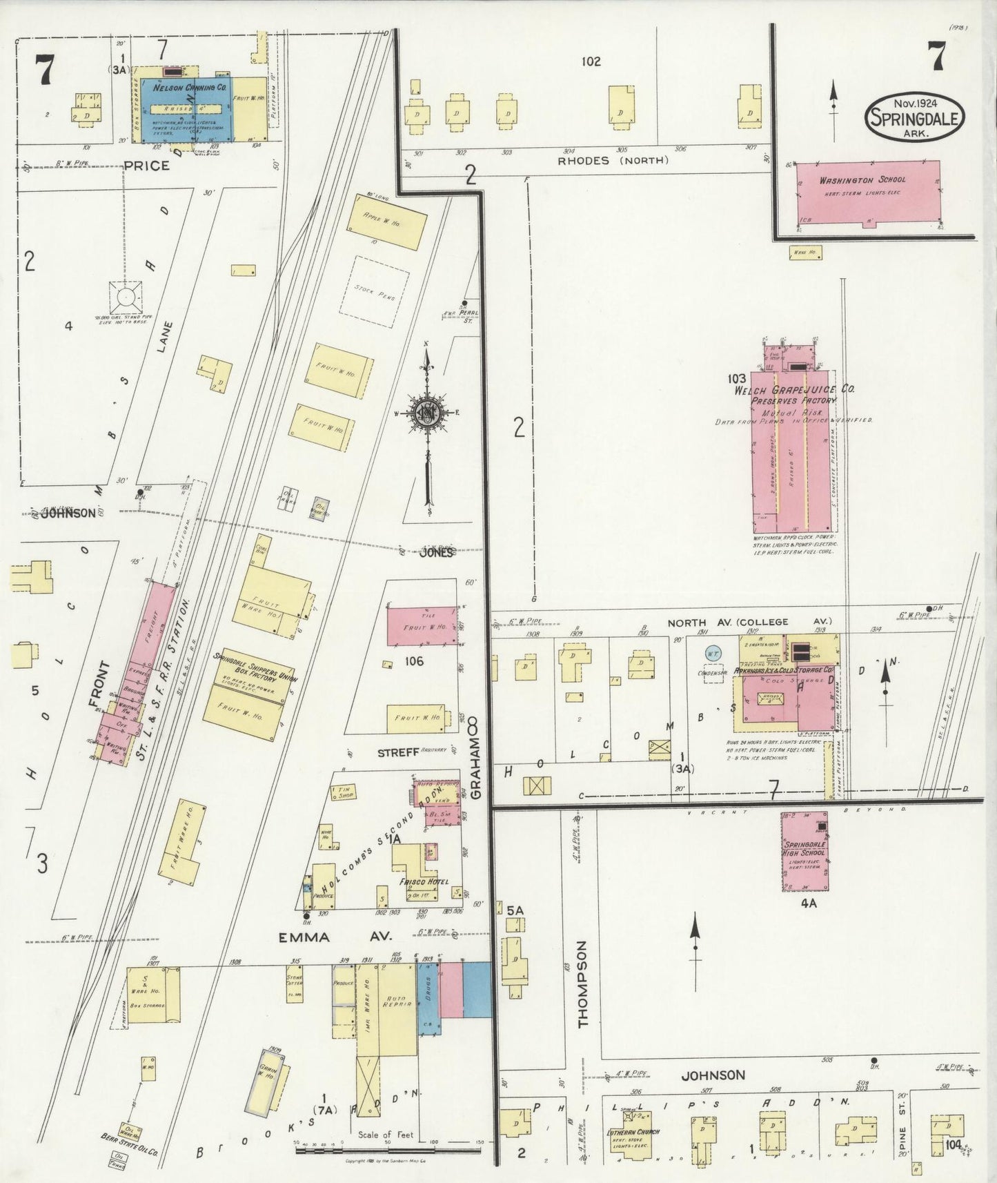 Sanborn Fire Insurance Map from Springdale, Washington County, Arkansas (1924), Sheet #0007 - Complete Map Set gallery image, historic Sanborn map, vintage wall art, Arkansas Arkansas