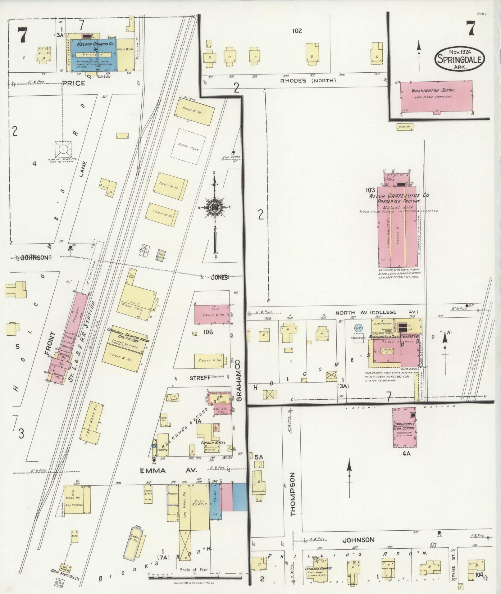 Sanborn Fire Insurance Map from Springdale, Washington County, Arkansas (1924), Sheet #0007 - Complete Map Set gallery image, historic Sanborn map, vintage wall art, Arkansas Arkansas