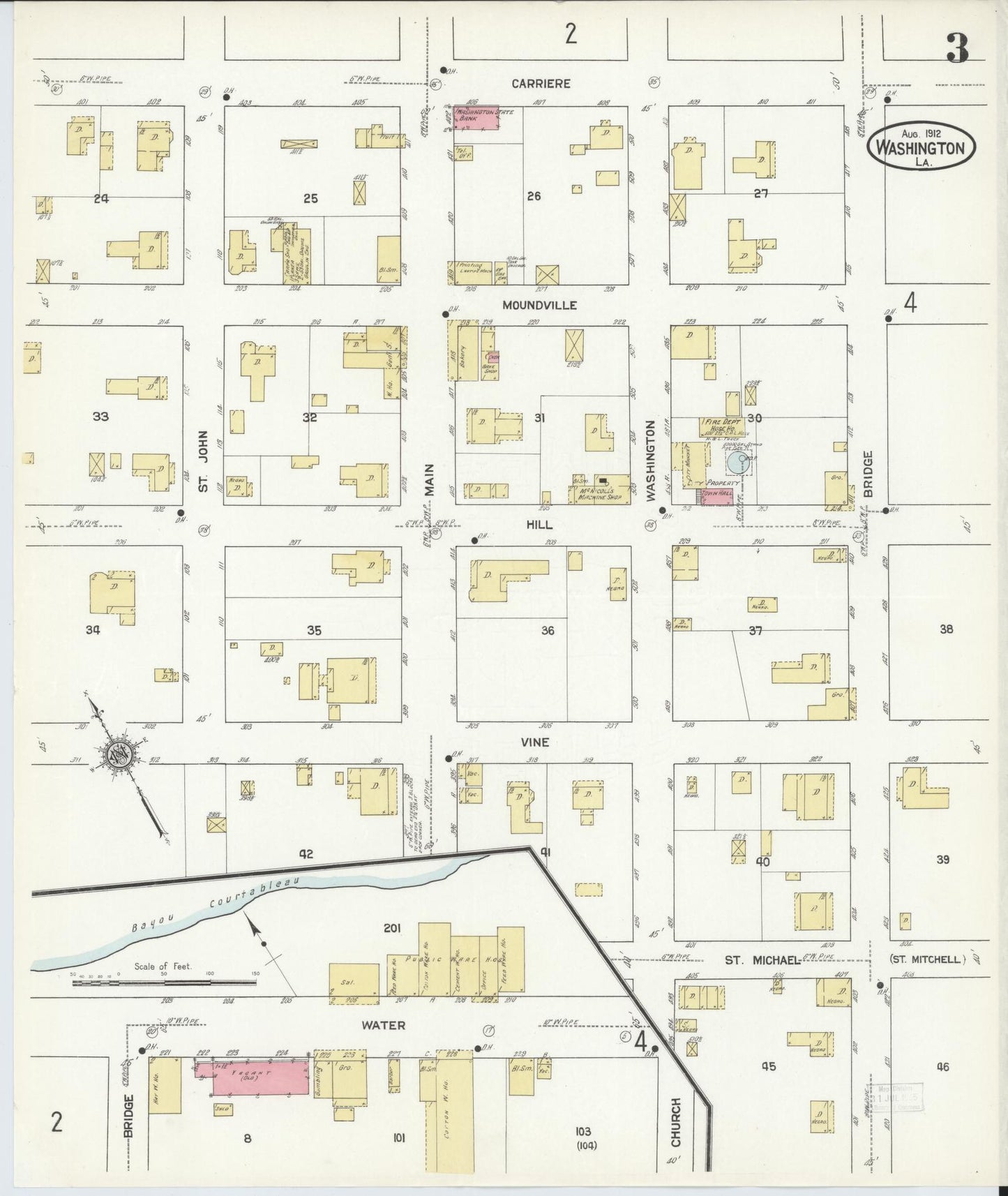 Sanborn Fire Insurance Map from Washington, Saint Landry Parish, Louisiana (1912), Sheet #0003 - Historic Sanborn Fire Insurance Map Print, vintage old map wall art, antique decor, genealogy gift, Washington Washington map
