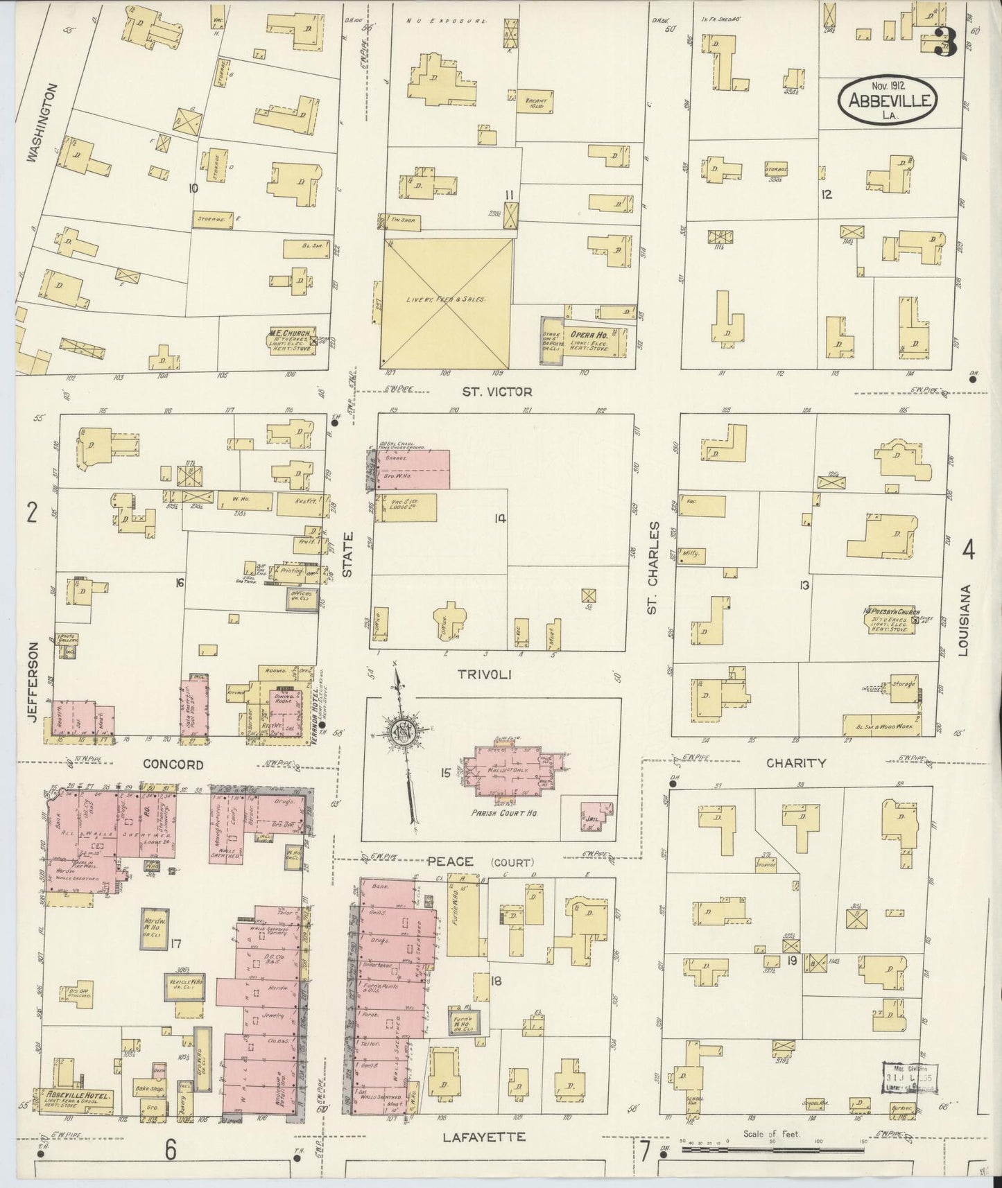 Sanborn Fire Insurance Map from Abbeville, Vermilion Parish, Louisiana (1912), Sheet #0003 - Historic Sanborn Fire Insurance Map Print, vintage old map wall art, antique decor, genealogy gift, Louisiana Louisiana map