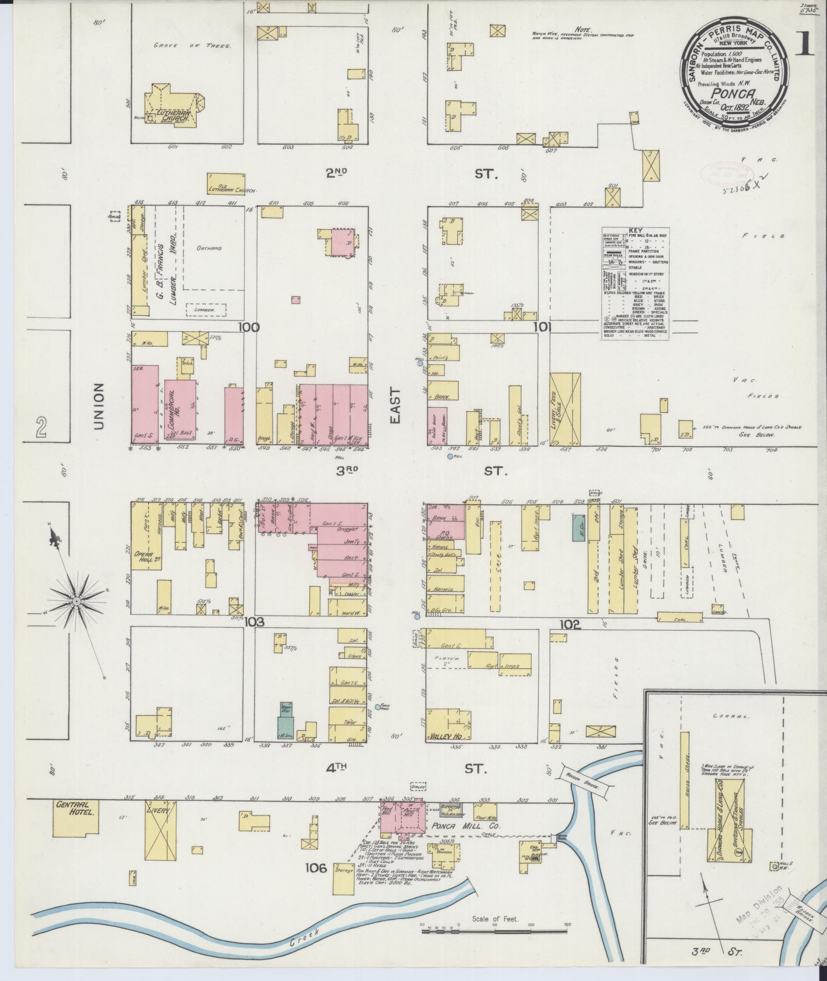 Sanborn Fire Insurance Map from Ponca, Dixon County, Nebraska (1892), Sheet #0001 - Historic Sanborn Fire Insurance Map Print, vintage old map wall art, antique decor, genealogy gift, Nebraska Nebraska map