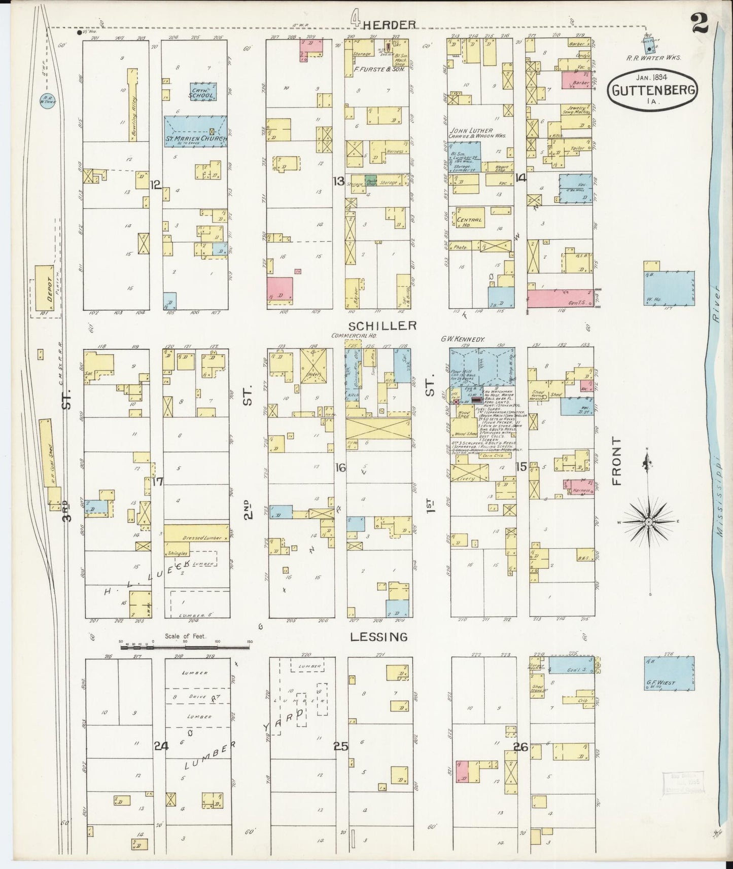 Sanborn Fire Insurance Map from Guttenberg, Clayton County, Iowa (1894), Sheet #0002 - Historic Sanborn Fire Insurance Map Print, vintage old map wall art
