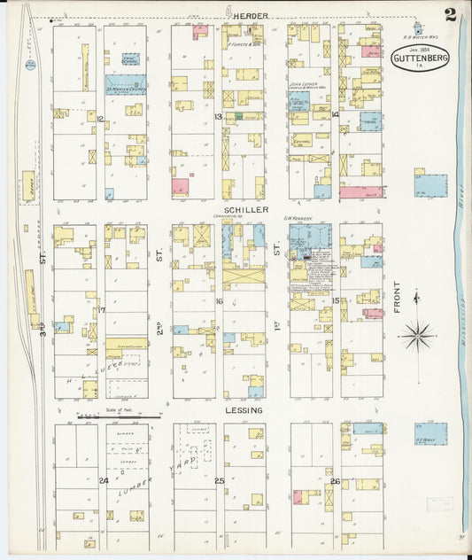 Sanborn Fire Insurance Map from Guttenberg, Clayton County, Iowa (1894), Sheet #0002 - Historic Sanborn Fire Insurance Map Print, vintage old map wall art