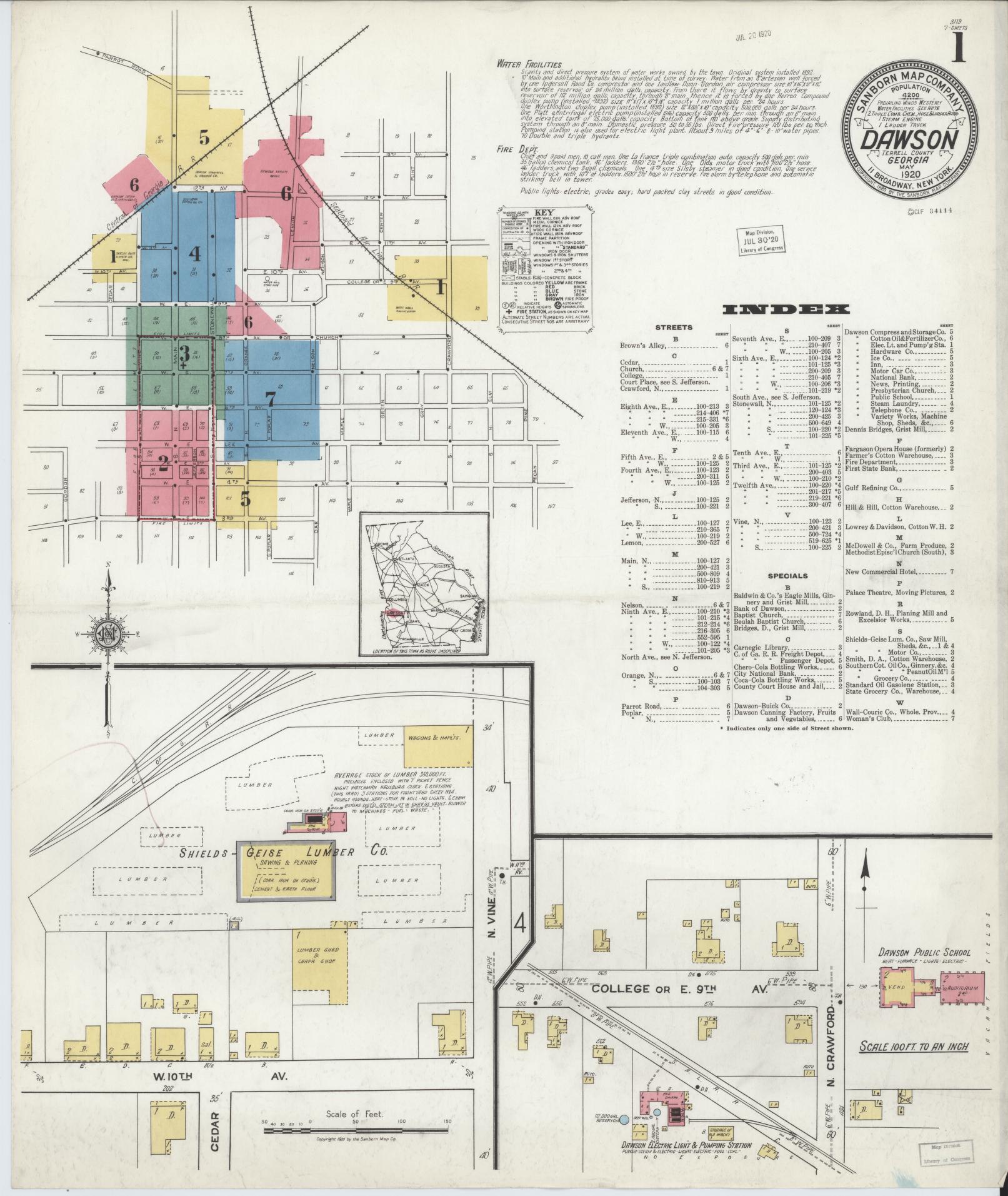 Sanborn Fire Insurance Map from Dawson, Terrell County, Georgia (1920), Sheet #0001 - Historic Sanborn Fire Insurance Map Print, vintage old map wall art, antique decor, genealogy gift, Georgia Georgia map