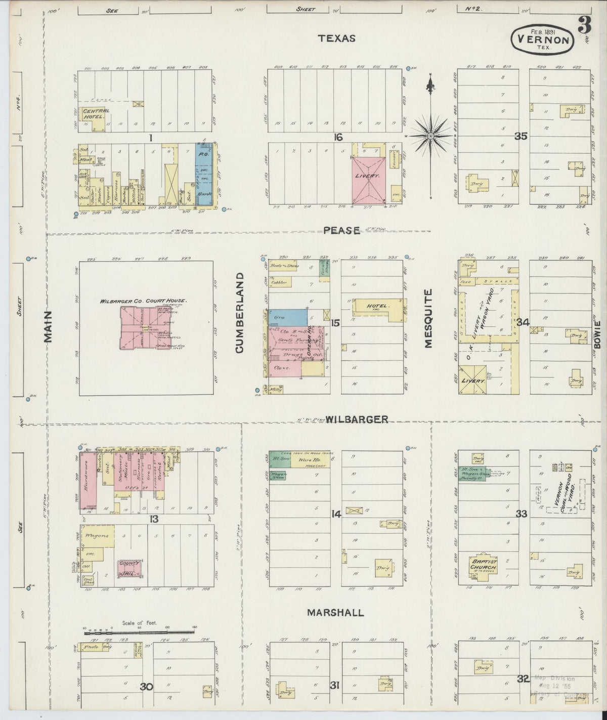Sanborn Fire Insurance Map from Vernon, Wilbarger County, Texas (1891), Sheet #0003 - Historic Sanborn Fire Insurance Map Print, vintage old map wall art, antique decor, genealogy gift, Texas Texas map