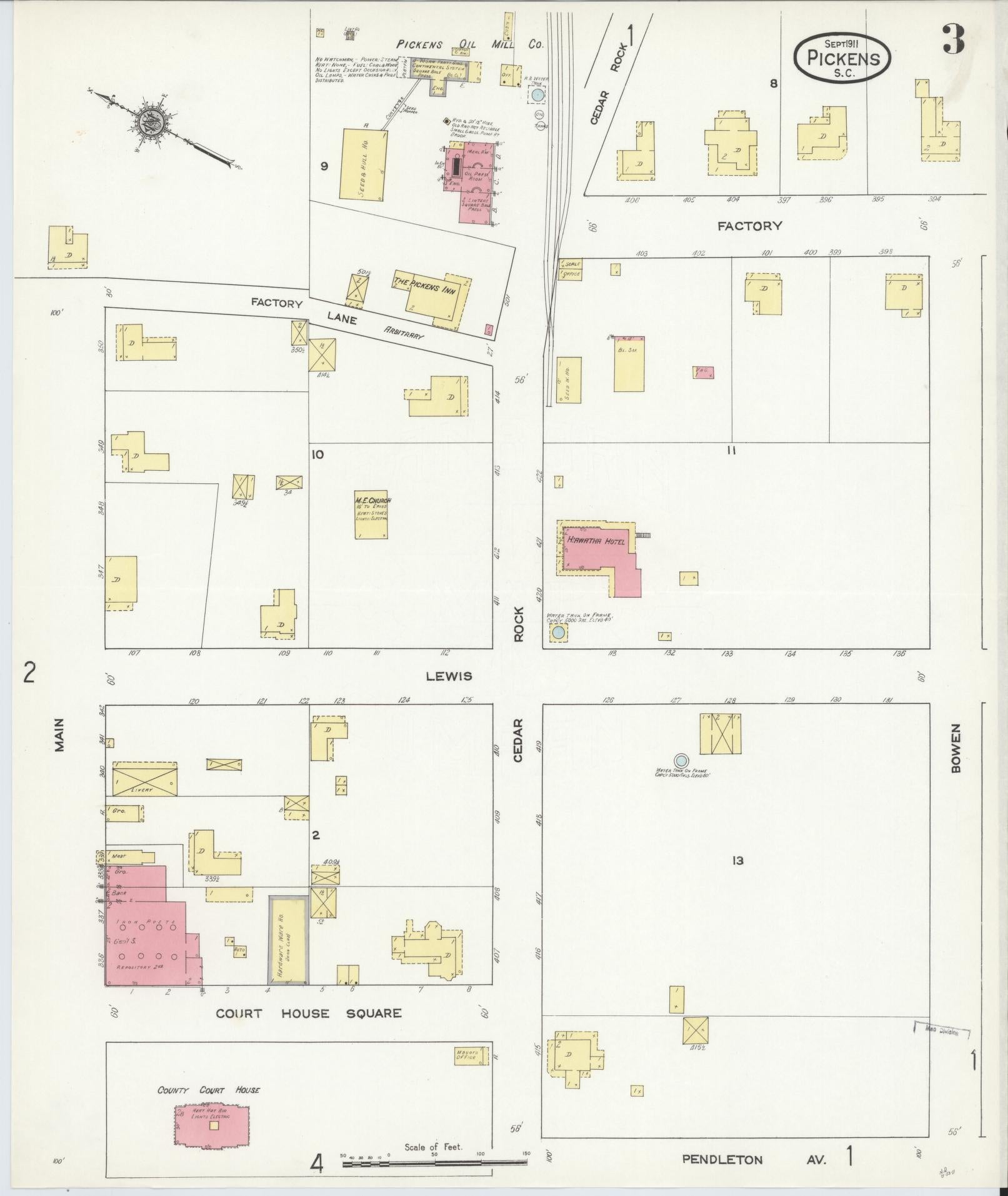 Sanborn Fire Insurance Map from Pickens, Pickens County, South Carolina (1911), Sheet #0003 - Complete Map Set gallery image, historic Sanborn map, vintage wall art, South Carolina South Carolina
