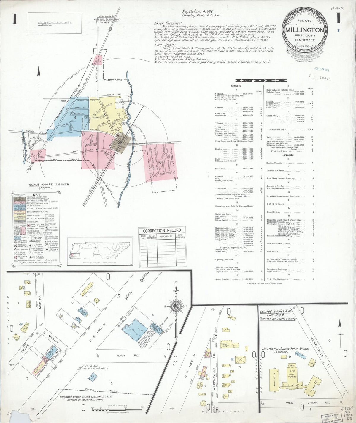 Sanborn Fire Insurance Map from Millington, Shelby County, Tennessee (1952), Sheet #0001 - Historic Sanborn Fire Insurance Map Print, vintage old map wall art, antique decor, genealogy gift, Tennessee Tennessee map